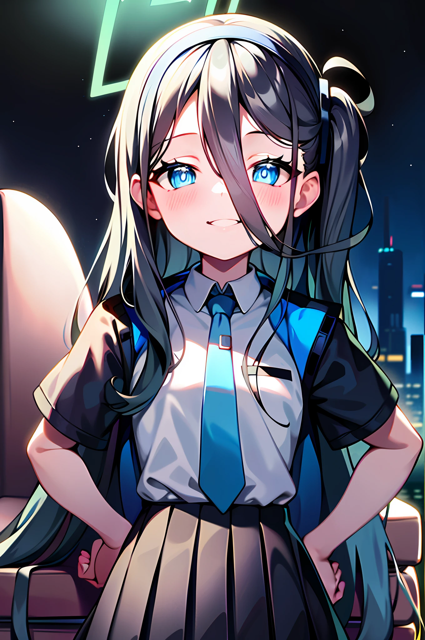 (pureerosface_v1:0.66), best quality, ultra high resolution, (photorealistic: 1.4), 1 girl, fine eyes, dark eye makeup, slim waist, blush, k-pop idol, (charm: 1.0), fine eye makeup, puffy eyes, solo, perfect anatomy, (big), (slender), (black hair: 1), (watch the viewer), sitting, crossed legs, Chair, (original_alice), (light blue tie), (marine blue eyes), (zhuo),(alice_halo:0.7),(blue halo),(smile),(happy),(pigtails),(long hair),(long bangs),(blue archive),(black hair band),(long coat),(school uniform),(white long-sleeved shirt),(pleated skirt),(navy blue skirt),(bare feet),NSFW,Depth of field,Facial details,Skin luster,Beautiful eyes,Dark eye makeup、Slim waist、Cheek,Fine eye makeup,Solo,Perfect anatomy. (((put your hands on your hips))). (((night view))).