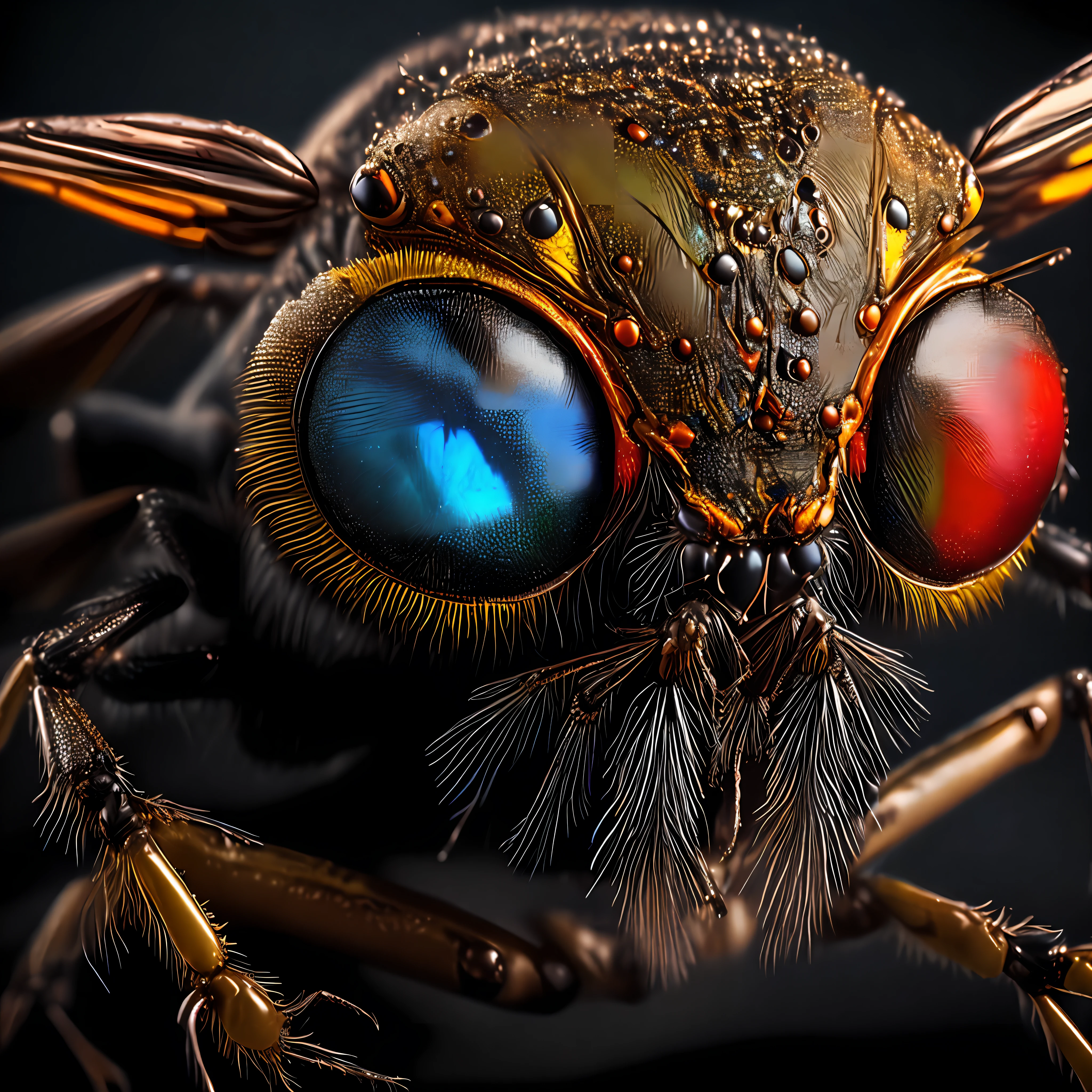 Insect fly with large eyes formed by thousands of small individual units of multi colored ommatids, macro lens, shallow depth of field, highly detailed, digital painting, trend art, concept art, cinematic lighting, vibrant colors, photorealism, epic, octane render, sunglasses cap and chain.