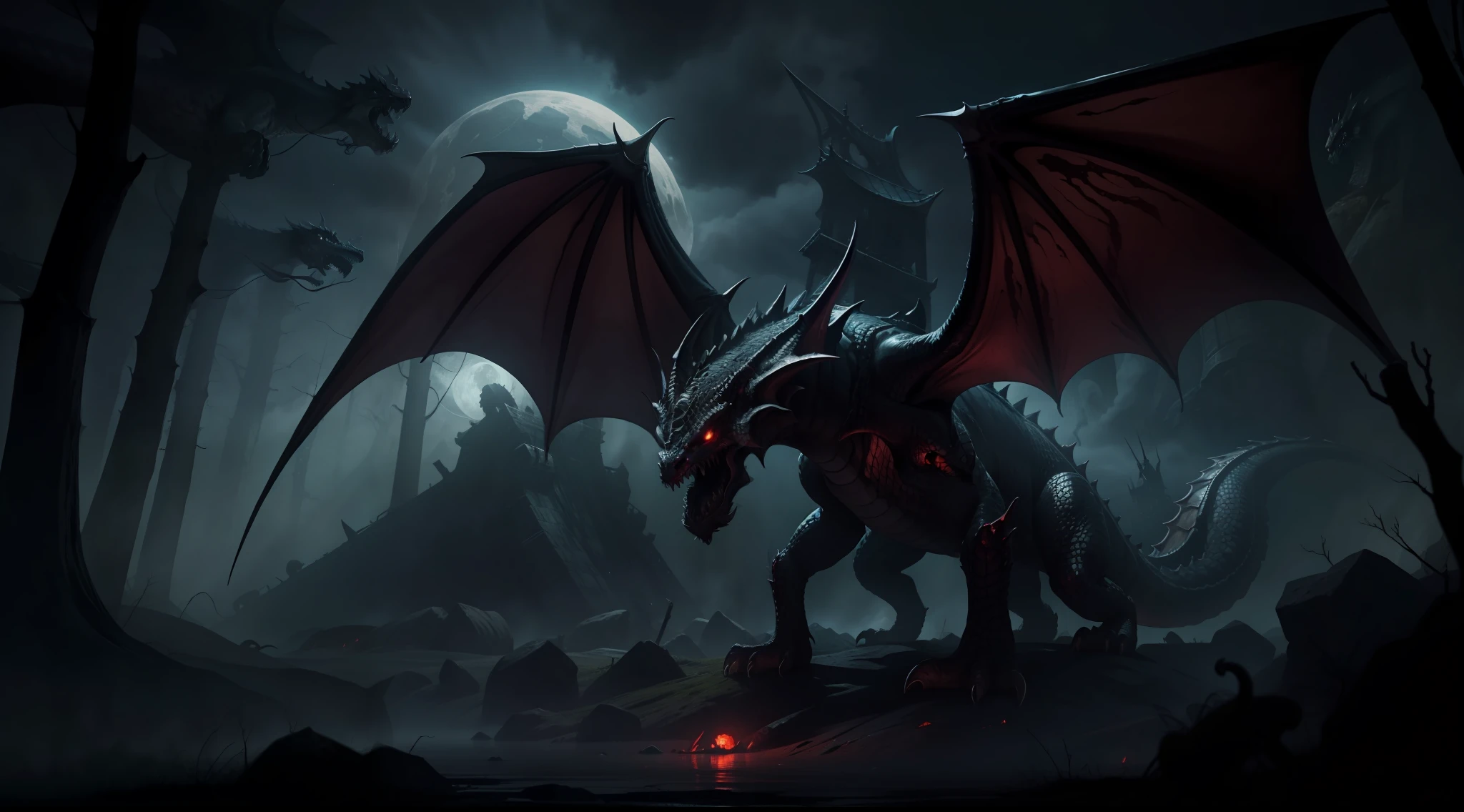 a monstrous medieval dragon, tentacles, horror, night, dark environment, darkness, fog, blood