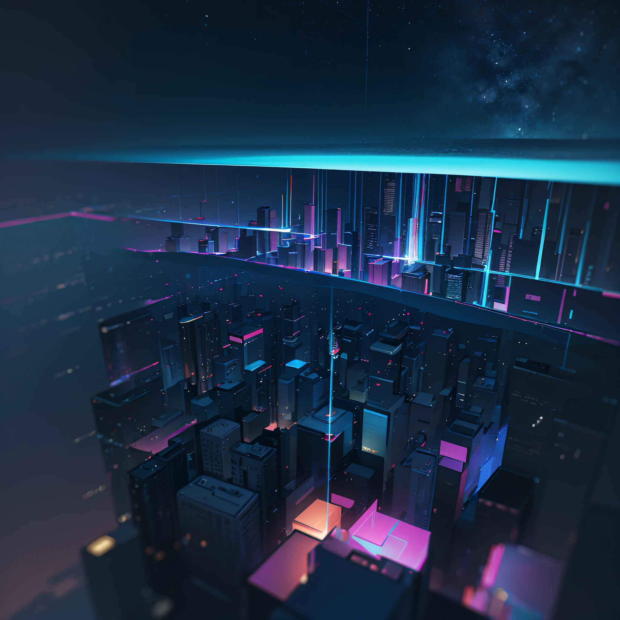 A photo with proportion, city with psychedelic colors, night, award-winning masterpiece frame, 8k, (high quality: 1.1), (cinematic feel: 1.1), dark and deep shadows, incredibly intricate detailing, art, (up close: 1.1), from above, looking at the observer, (bright light: 1.1), (chromatic aberration,: 1.2) background with floating light artifacts --auto --s2