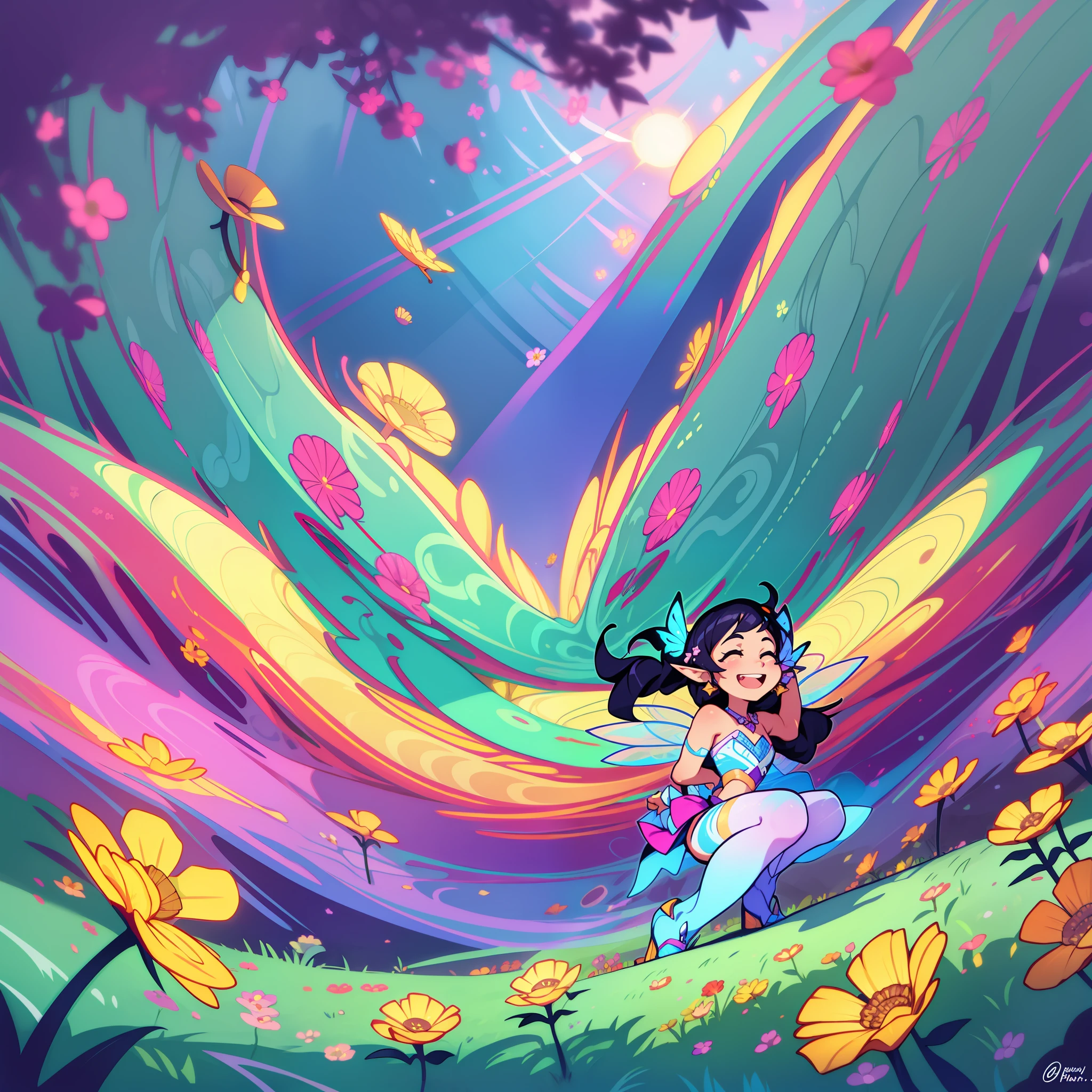 The background features a vast and lush field, filled with colorful and vibrant flowers that dance softly in the wind. A profusion of daisies, sunflowers, tulips and other enchanting flowers fill the space, creating a cheerful and lively color palette. Among the flowers, small butterflies glide gracefully, their glowing wings catching the sun's rays. As they fly, bright trails are left in the air, creating a magical and mysterious sensation. In the clear blue sky, fluffy, white clouds float gently, taking on fun and friendly shapes. They seem to smile at the flowers below, spreading an atmosphere of joy and fun. In the center of the background, a large rainbow stretches across the horizon, its vibrant colors shining brightly. It seems as if a shower of magical colors has painted the sky, adding a special touch of charm to the environment. Around the flowers, small magical beings hide in the foliage. Curious fairies with delicate, glowing wings fly between the petals, scattering stardust that twinkles in their wake. Little elves hide in the treetops, watching with bright eyes and mischievous smiles. The background conveys a sense of wonder and enchantment while maintaining a childlike artistic style. The strokes are smooth and rounded, as if they had been hand-drawn by a child, emphasizing the innocence and magic of the child's imagination. This captivating and magical background would be perfect for a children's book, a fairy tale illustration, or any project that wishes to capture the beauty and fun of the children's world.