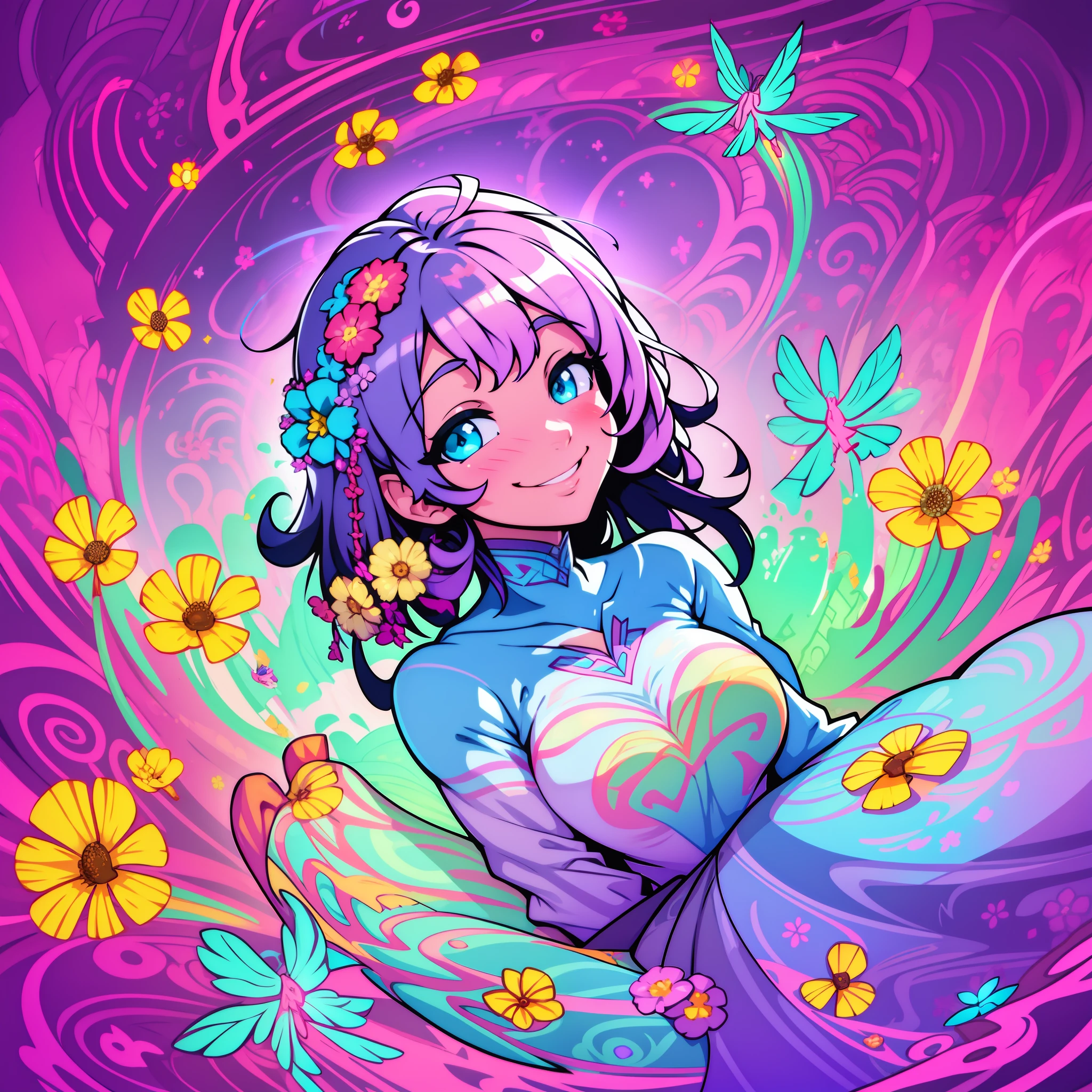 The background features a vast and lush field, filled with colorful and vibrant flowers that dance softly in the wind. A profusion of daisies, sunflowers, tulips and other enchanting flowers fill the space, creating a cheerful and lively color palette. Among the flowers, small butterflies glide gracefully, their glowing wings catching the sun's rays. As they fly, bright trails are left in the air, creating a magical and mysterious sensation. In the clear blue sky, fluffy, white clouds float gently, taking on fun and friendly shapes. They seem to smile at the flowers below, spreading an atmosphere of joy and fun. In the center of the background, a large rainbow stretches across the horizon, its vibrant colors shining brightly. It seems as if a shower of magical colors has painted the sky, adding a special touch of charm to the environment. Around the flowers, small magical beings hide in the foliage. Curious fairies with delicate, glowing wings fly between the petals, scattering stardust that twinkles in their wake. Little elves hide in the treetops, watching with bright eyes and mischievous smiles. The background conveys a sense of wonder and enchantment while maintaining a childlike artistic style. The strokes are smooth and rounded, as if they had been hand-drawn by a child, emphasizing the innocence and magic of the child's imagination. This captivating and magical background would be perfect for a children's book, a fairy tale illustration, or any project that wishes to capture the beauty and fun of the children's world.