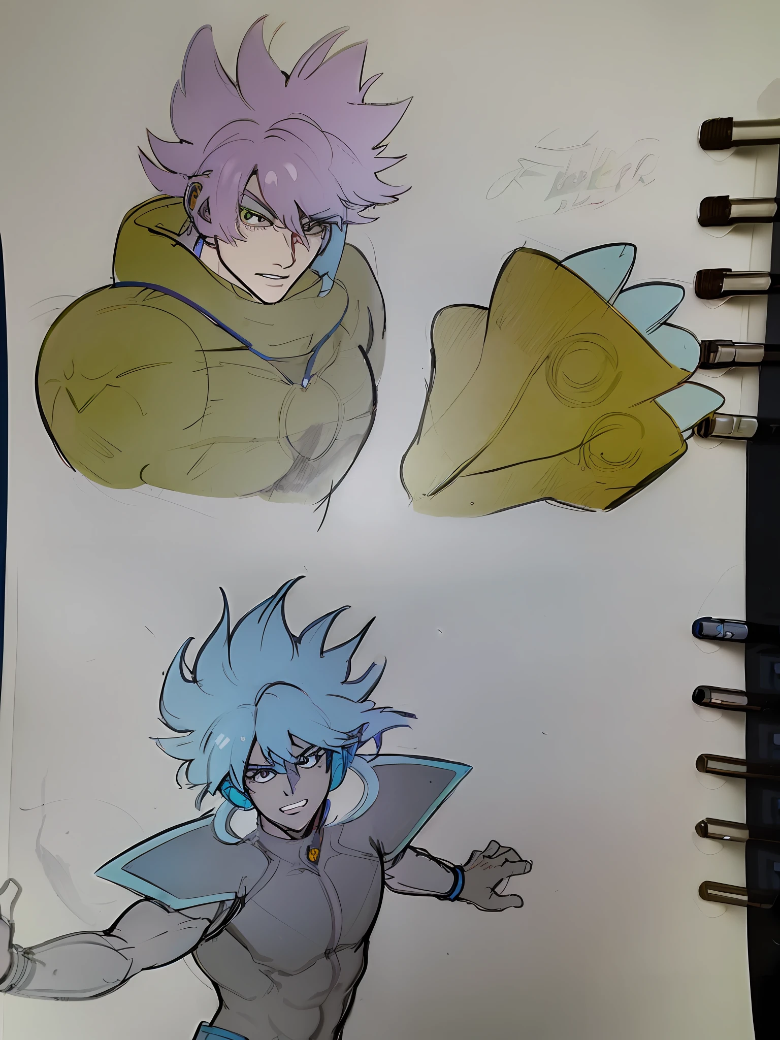 sketches of a drawing of a person with a blue hair, cel shaded anime, in the art style of 8 0 s anime, cel - shaded art style, cel shaded!!!, 8 0 s anime art style, inspired by Zoltan Boros, colored sketch, high quality colored sketch, anime cels, colored drawing, black ink & copic markers, anime illustrated