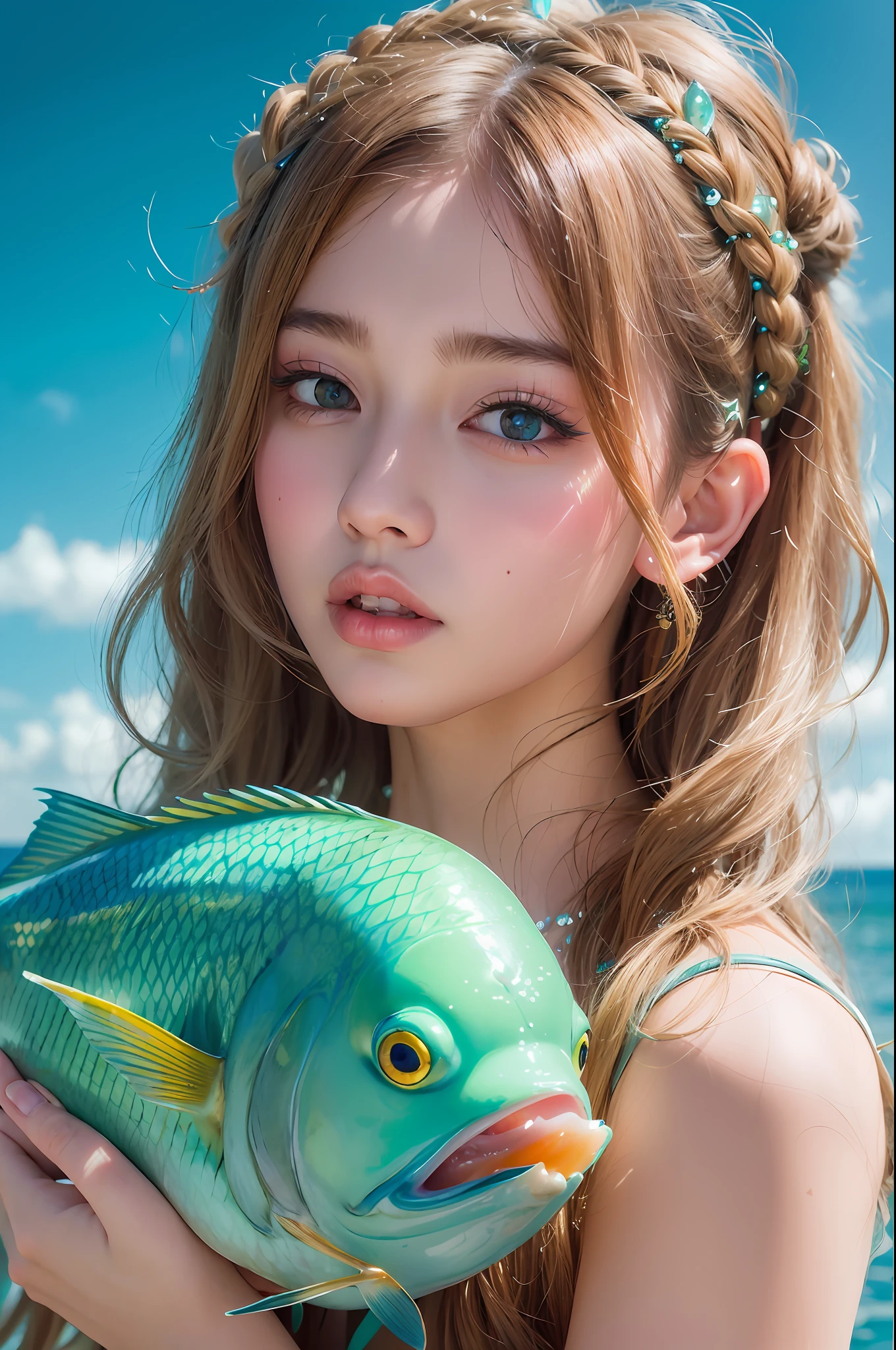 Arafeld woman holding a fish in front of the water, blonde double-tailed hair and cyan eyes, Urzang, popular in CGSTATION, beauty Delfin, Yan Juncheng, popular Korean makeup, inspired by Jung Yanjun, IG model|Artgerm, a work of art in the Guvez style, comes from the jade of the two times