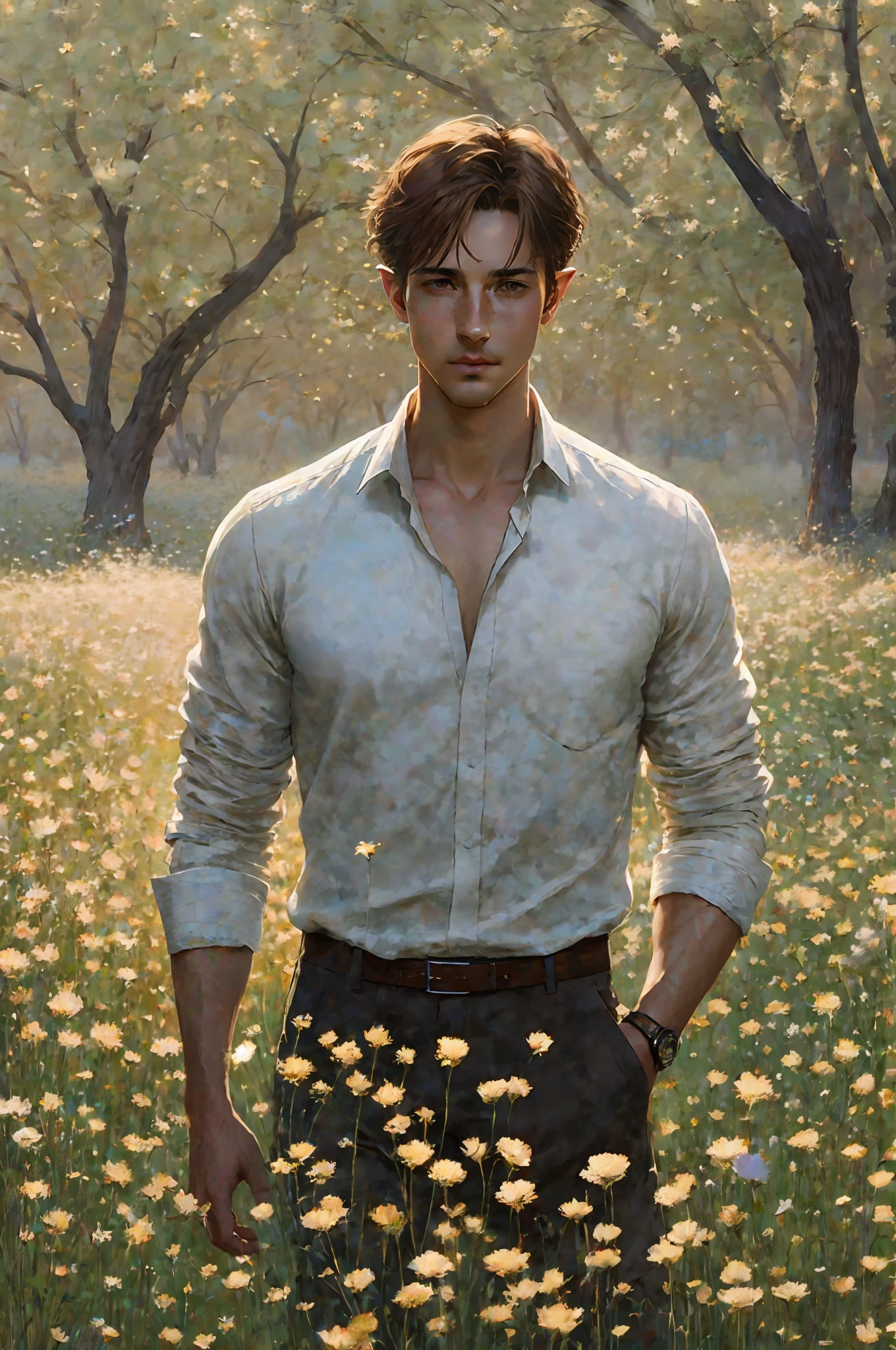 painting of a man standing in a field of flowers in a white shirt, craig mullins dappled lighting, wadim kashin. ultra realistic, brad kunkle elson peter, brad kunkle detailed, by Aleksander Gine, casey baugh and james jean, sergey kolesov, portrait of a slender elven man, slender boy with a pale