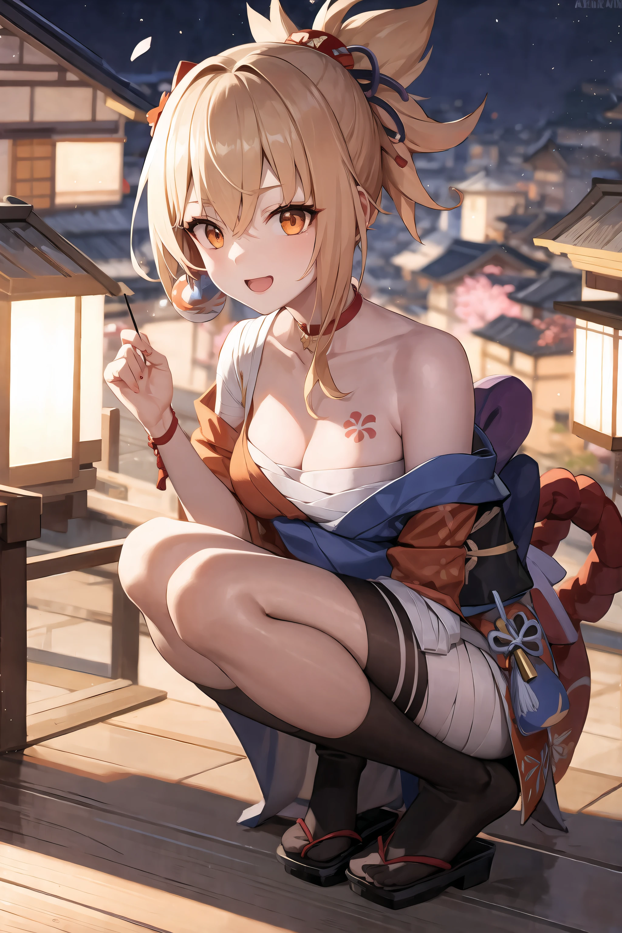 masterpiece, best quality, highres, 1girl, blonde hair, medium hair, asymmetrical hair, floating hair, hair between eyes, high ponytail, sidelocks, hair ornament, fish hair ornament, tassel, kanzashi, bangs, orange eyes, open mouth, smile, teeth, upper teeth only, choker, red choker, pendant choker, butterfly choker, collarbone, tattoo, chest tattoo, flower tattoo, cleavage, medium breasts, thighs, bandages, bandaged leg, sarashi, budget sarashi, chest sarashi, black sash, hadanugi dousa, houkisei, japanese clothes, kimono, kinchaku, obi, obiage, obijime, orange kimono, pouch, print kimono, rope, sash, shimenawa, short kimono, single bare shoulder, vision (genshin impact), east asian architecture, cherry blossoms, full body, squatting, sparkler, night, firework, holding firework, legs together, feet, single glove, single fingerless glove, wristband, black socks,