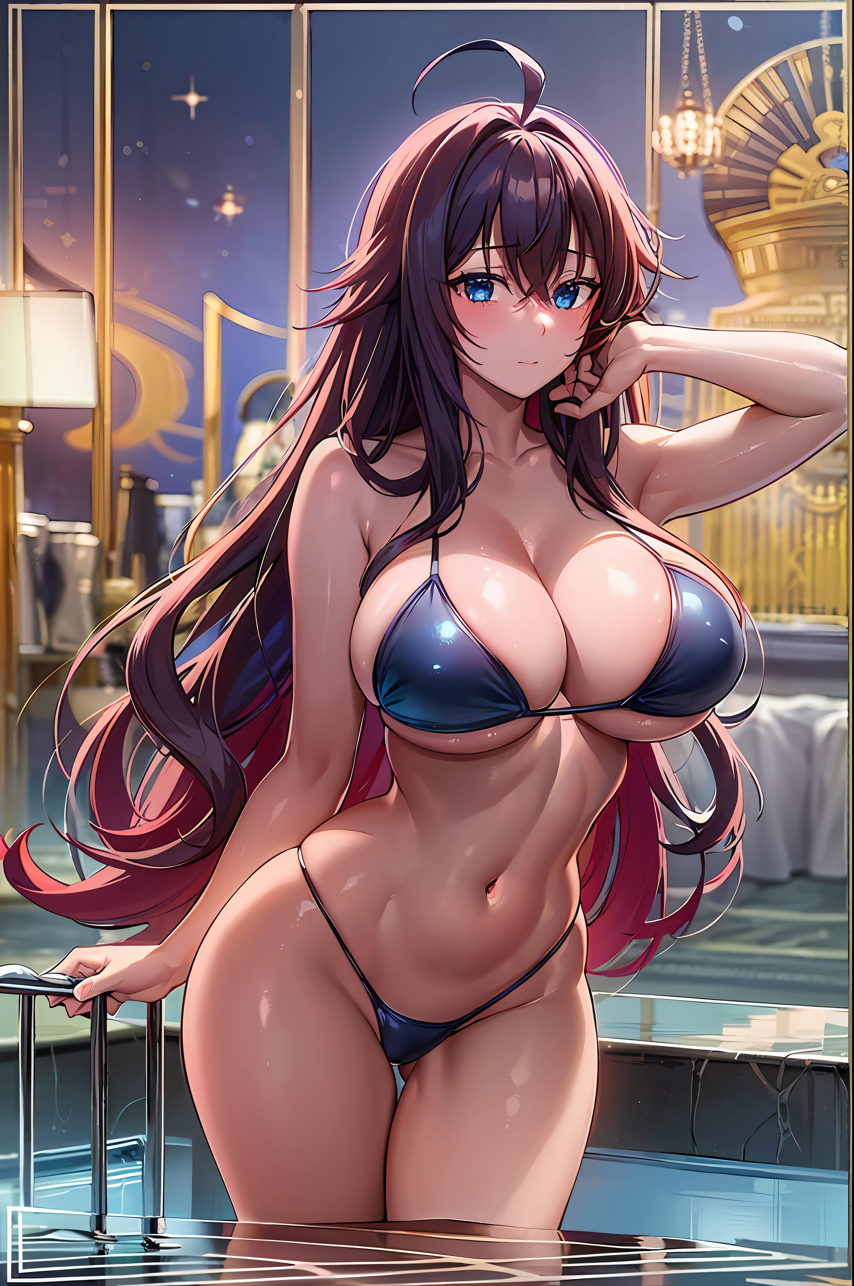 masterpiece, Best quality, 1 girl, night, long hair, Show Viewers, :3, cute, flesh-colored bikini, outdoor,night pool,curvaceous, (((blue eyes)))), rias gremorly, red hair, antenna hair, wavy hair, ((beautiful detailed eyes, beautiful detailed shine)), selfie, embarrassing,blush,