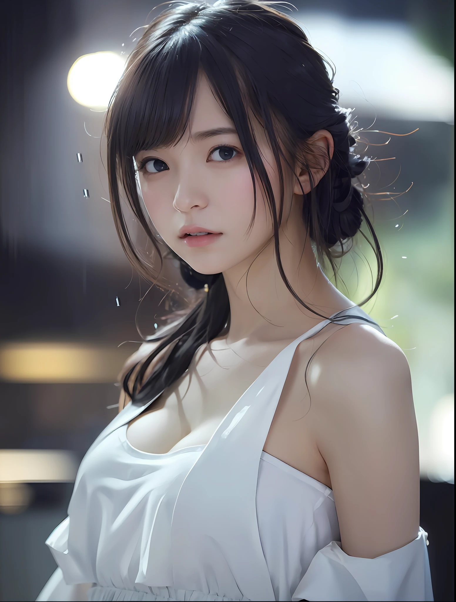 random pose, mix4, (8k, RAW photo, best quality, masterpiece: 1.2), (realistic, photorealistic: 1.37), one girl, cute, cityscape, night, rain, wet, professional lighting, photons mapping, radiosity, physically based rendering, gradient black hair, gray hair, short curly hair, handsome, girl, white ball suit, top quality photo, high res, 1080p, (clear face), (detailed face description), (detailed hand description), (masterpiece), (exquisite CG), extreme light and shadow, disheveled hair, master work, rich details, (fine facial features), (highest quality photo), (masterpiece), (detailed eyes), look in front of you eyes, fine clavicle