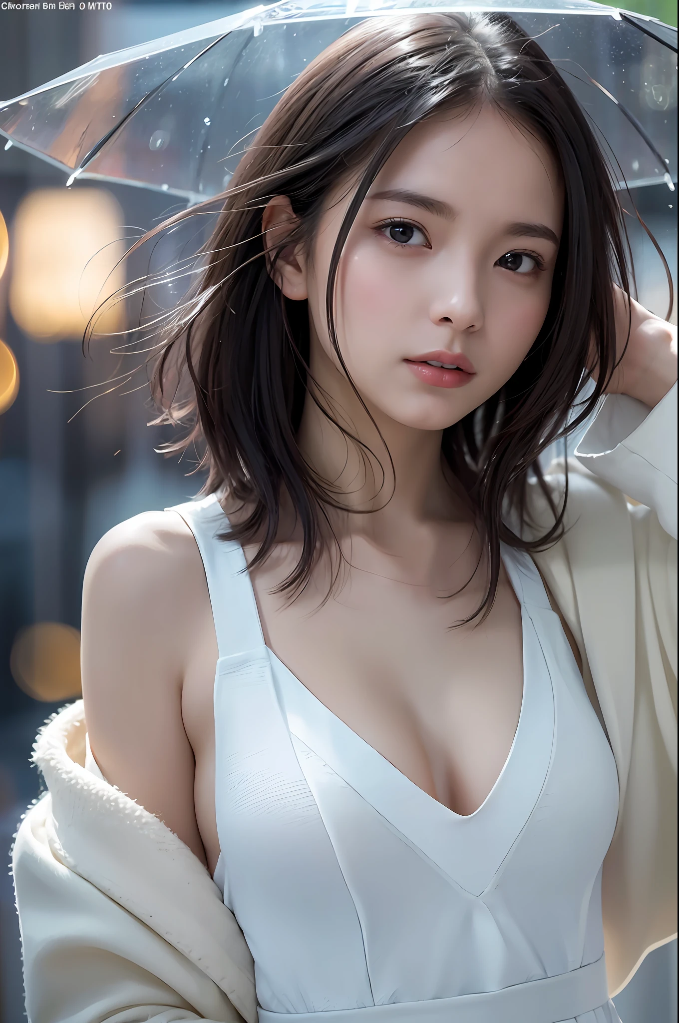 random pose, mix4, (8k, RAW photo, best quality, masterpiece: 1.2), (realistic, photorealistic: 1.37), one girl, cute, cityscape, night, rain, wet, professional lighting, photons mapping, radiosity, physically based rendering, gradient black hair, gray hair, short curly hair, handsome, girl, white ball suit, top quality photo, high res, 1080p, (clear face), (detailed face description), (detailed hand description), (masterpiece), (exquisite CG), extreme light and shadow, disheveled hair, master work, rich details, (fine facial features), (highest quality photo), (masterpiece), (detailed eyes), look in front of you eyes, fine clavicle, ((medium breasts)),