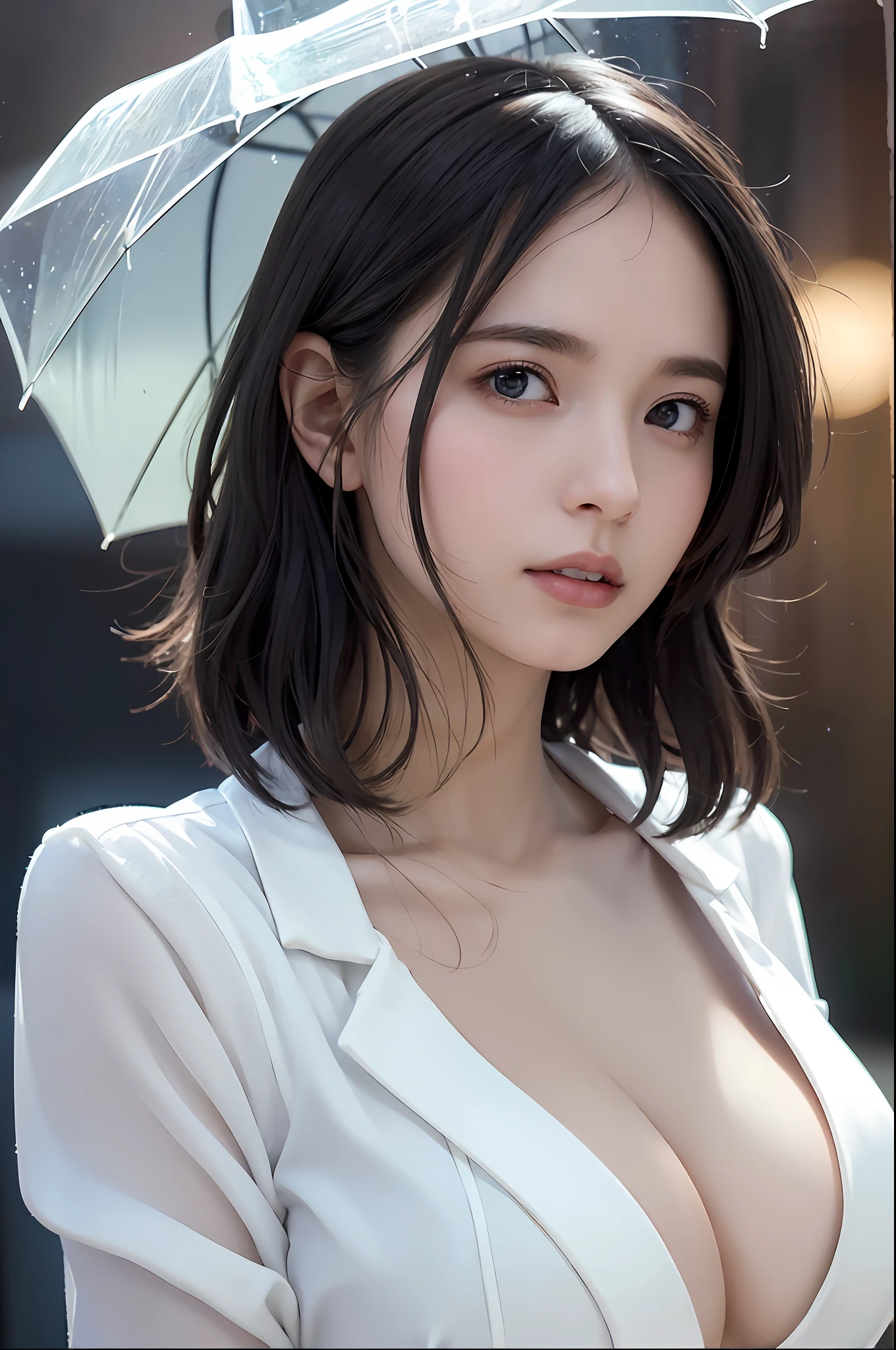 random pose, mix4, (8k, RAW photo, best quality, masterpiece: 1.2), (realistic, photorealistic: 1.37), one girl, cute, cityscape, night, rain, wet, professional lighting, photons mapping, radiosity, physically based rendering, gradient black hair, gray hair, short curly hair, handsome, girl, white ball suit, top quality photo, high res, 1080p, (clear face), (detailed face description), (detailed hand description), (masterpiece), (exquisite CG), extreme light and shadow, disheveled hair, master work, rich details, (fine facial features), (highest quality photo), (masterpiece), (detailed eyes), look in front of you eyes, fine clavicle, ((medium breasts)),