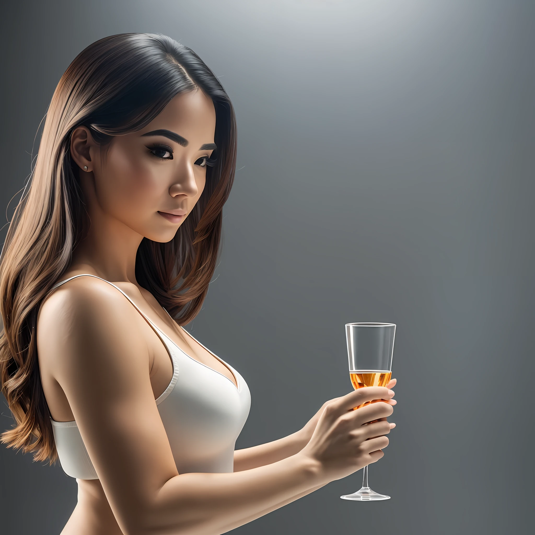 (an extremely detailed and beautiful),(best quality), standing pose, 1 woman, holding glass, studio lighting, minimalistic background. --auto --s2