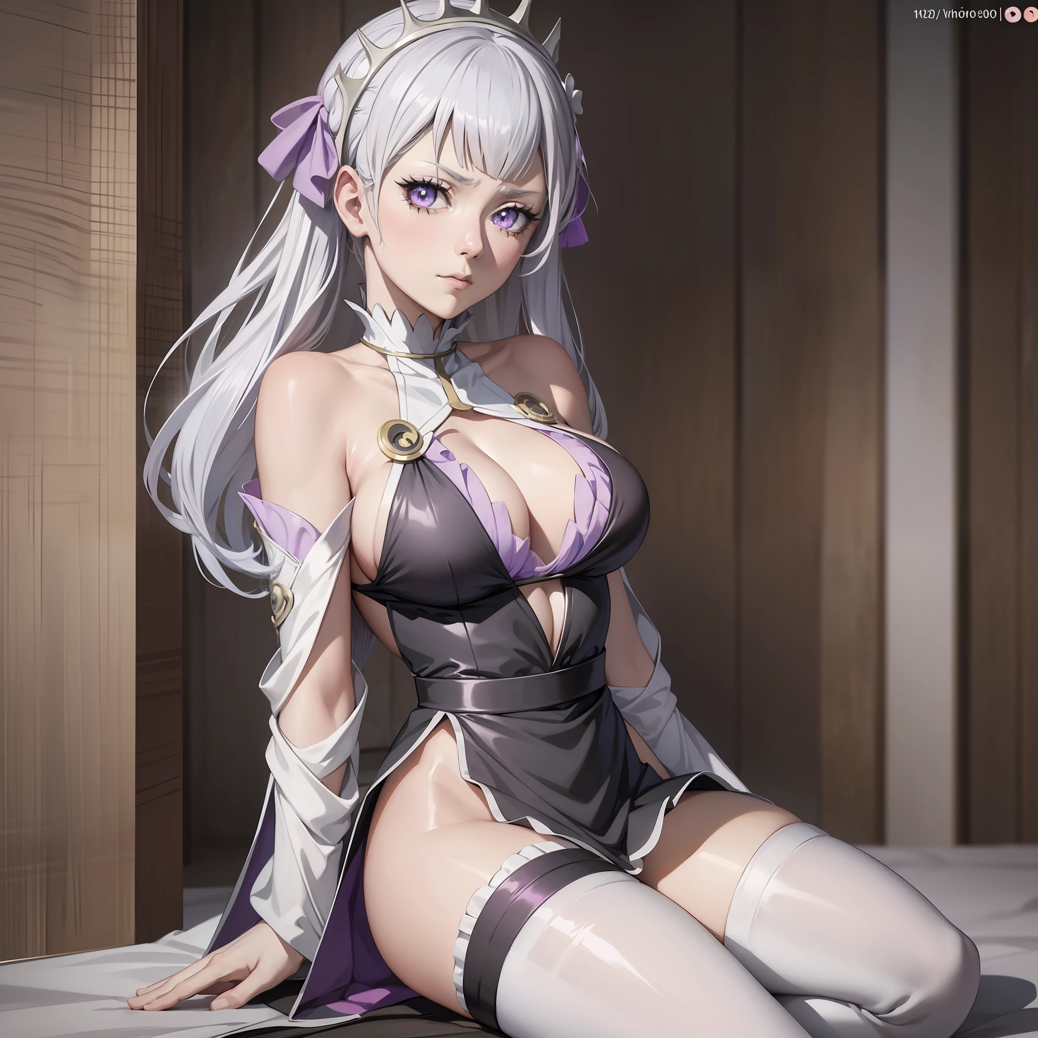Anime girl with white hair and purple eyes, screenshot of Black Clover, anime character, female anime character, Best Anime Character Design, as an anime character, looking at the camera, lying down, Noelle Silva, Black Clover anime.