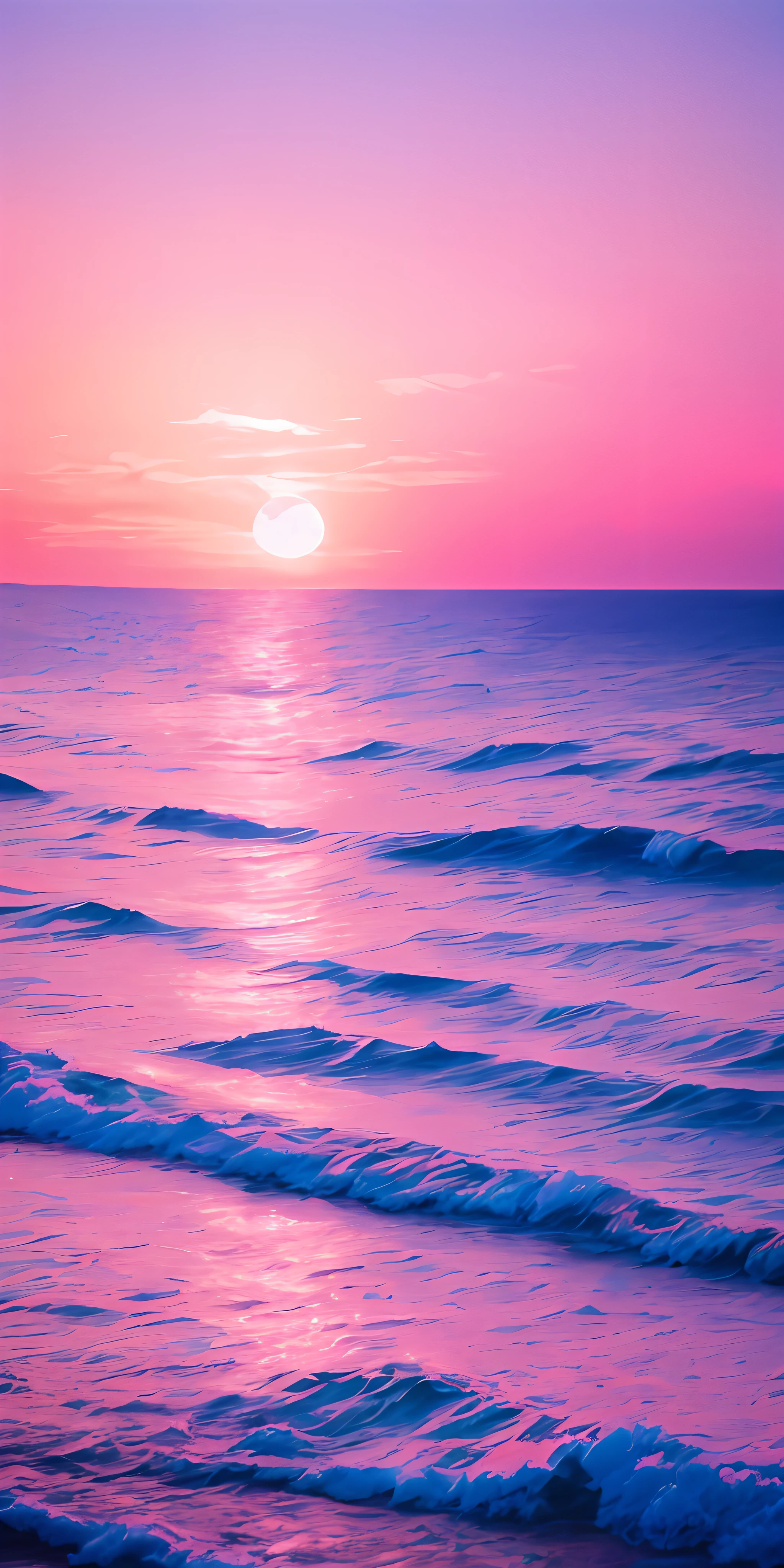 8k, realistic photo, pink moon, pink sky, soft pink clouds, sparkling pink ocean waves, sparkling, pink roses in pink ocean, fantasy, diamond, crown, universe, soft light,