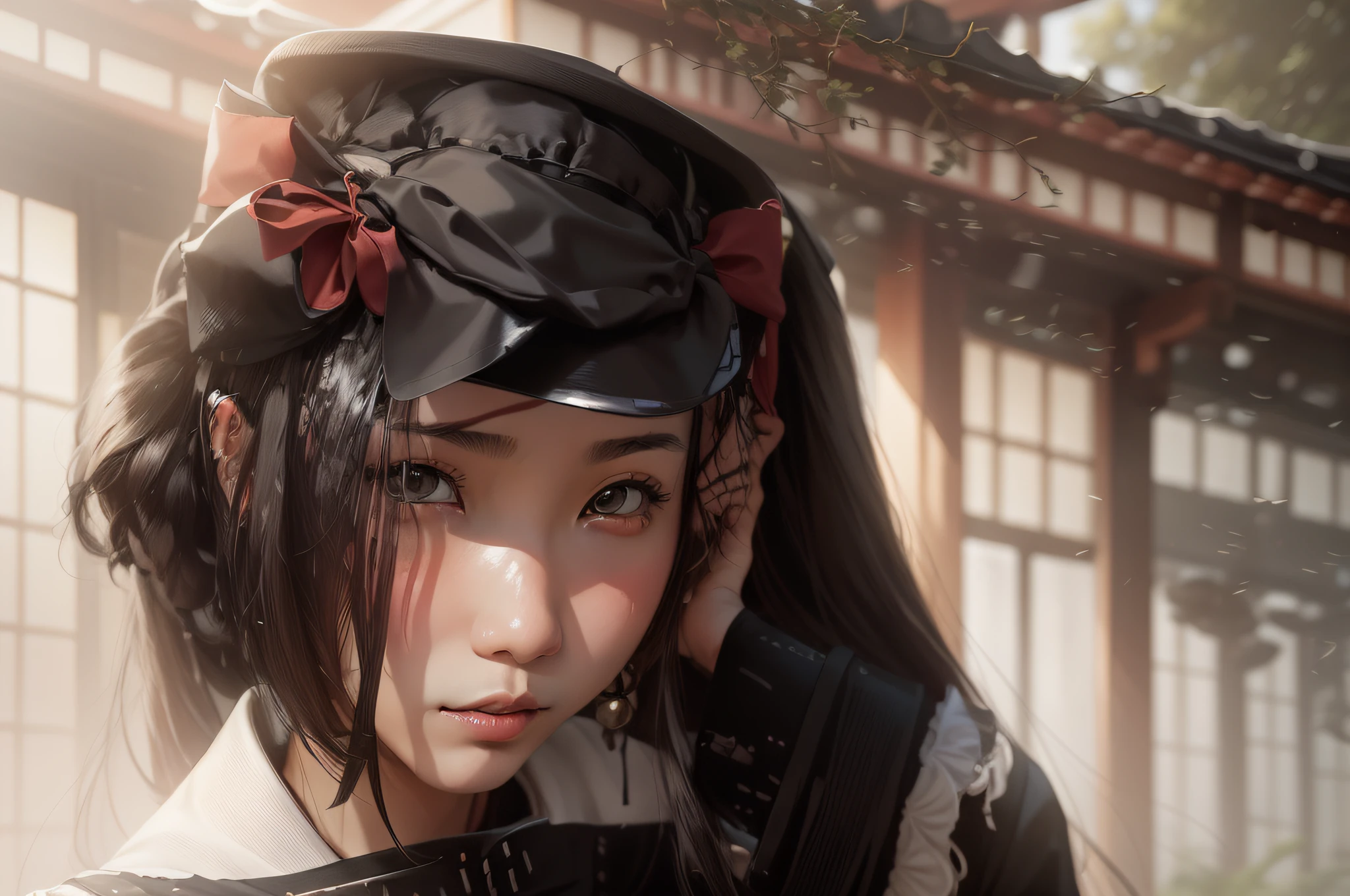there is a woman with a black hat and a brown dress, portrait of a Japanese teenager, inspired by Otake Chikuha, portrait of a Japanese girl, portrait of radical lolita girl, a young asian woman, young asian girl --auto --s2