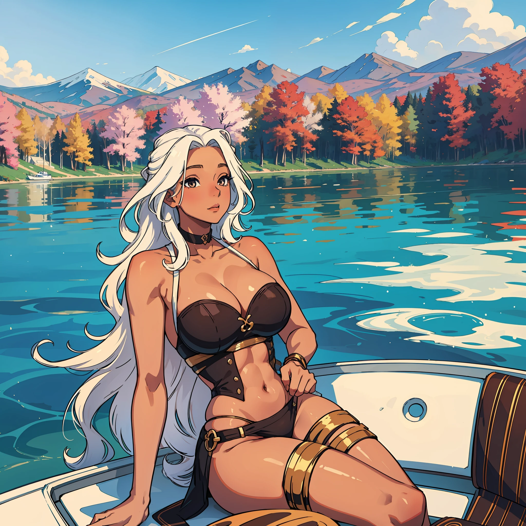 16K image, 1girl beautiful with big breasts, very thin waist, beautiful big ass, curvy, tanned, long wavy white hair, on top of a boat with a joint in a lake, excellent image quality, 16k --auto --s2