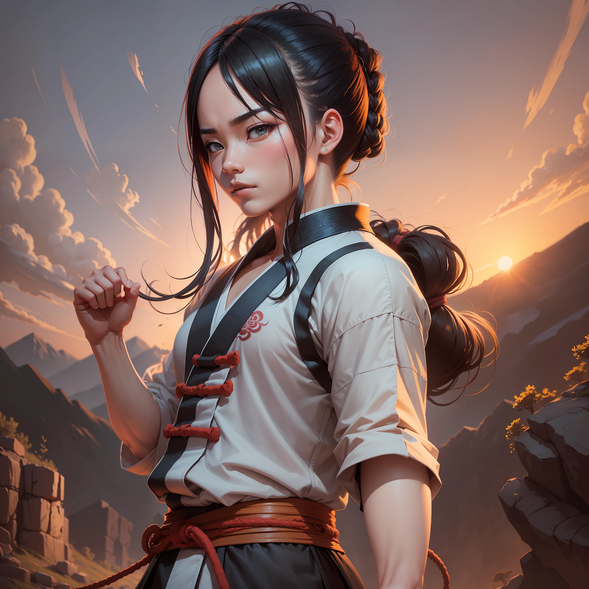 A 2D illustration, (kung-fu master: 1.5), sunset, landscape, highly detailed photo, natural lighting,