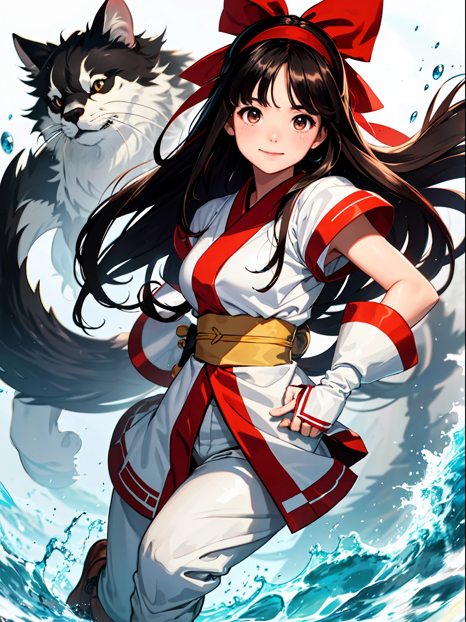 masterpiece, best quality,1girl, solo, nakorurums, red bow, bow, long hair, hair bow, ainu clothes, solo, hairband, black hair, fingerless gloves, short sleeves, gloves, sash, bangs, red hairband, breasts, brown eyes, white pants, japanese clothes, masterpiece, light smile, (illustration: 1.5), running toward viewer