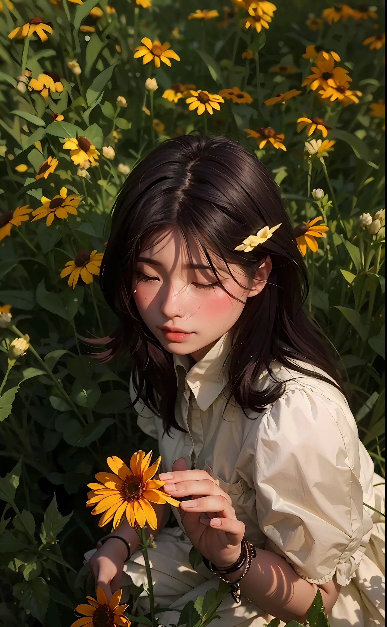 arafed woman in a field of flowers smelling a flower, lofi girl aesthetic, with yellow flowers around it, infp young woman, girl with a flower head, an aesthetic field of flowers, flower in hair, floeers in hair, flower in her hair, girl in a flower field, wavy hair yellow theme, girl frontal in a flower field --auto --s2