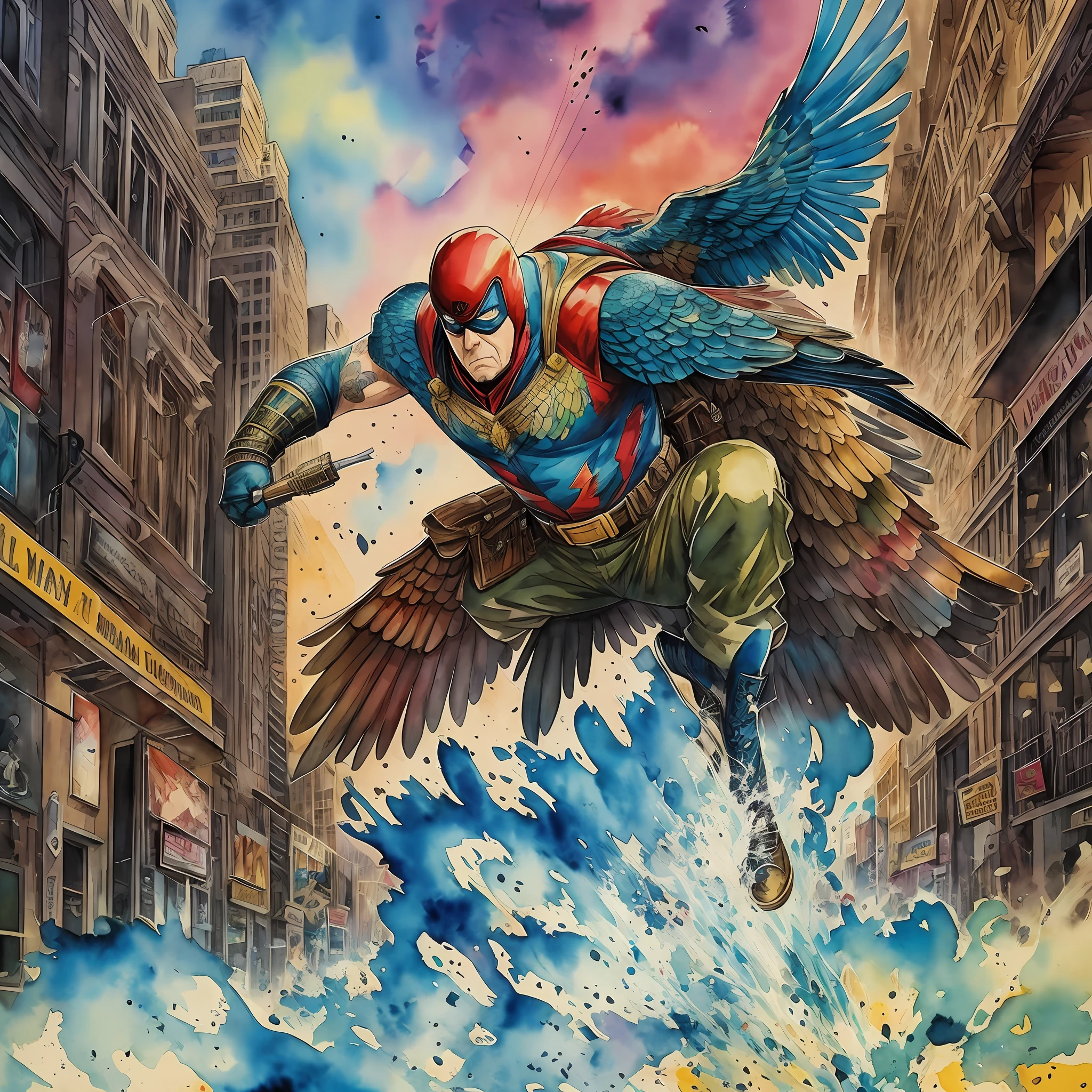 Birdman the unexpected virtue of ignorance comic style, watercolor, splash art, comic, extremely detailed, amazing art --auto --s2