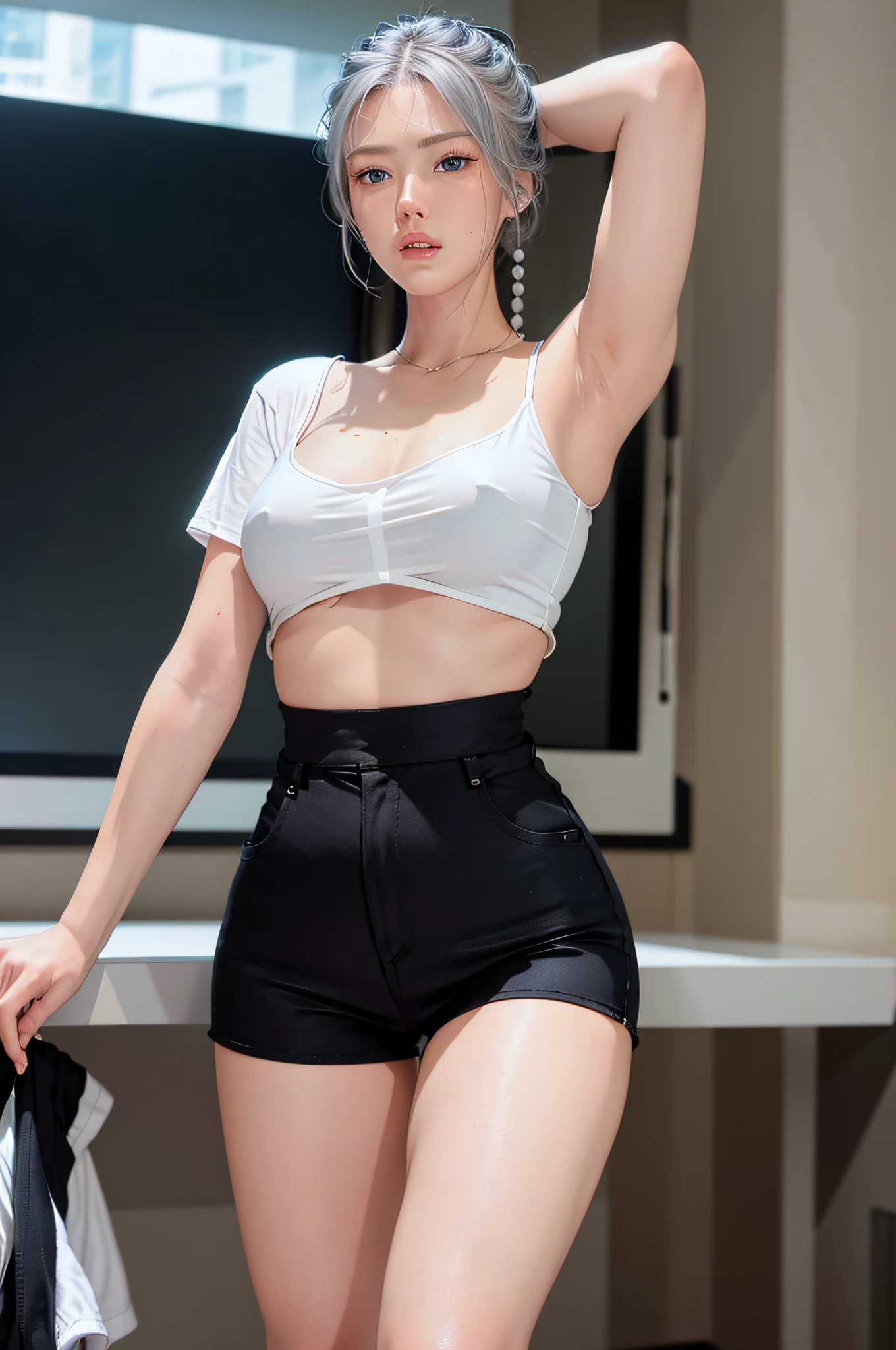 Realistic, high resolution, 1 girl, silver hair, blue eyes, loose white shirt, skinny black shorts, chunky thighs