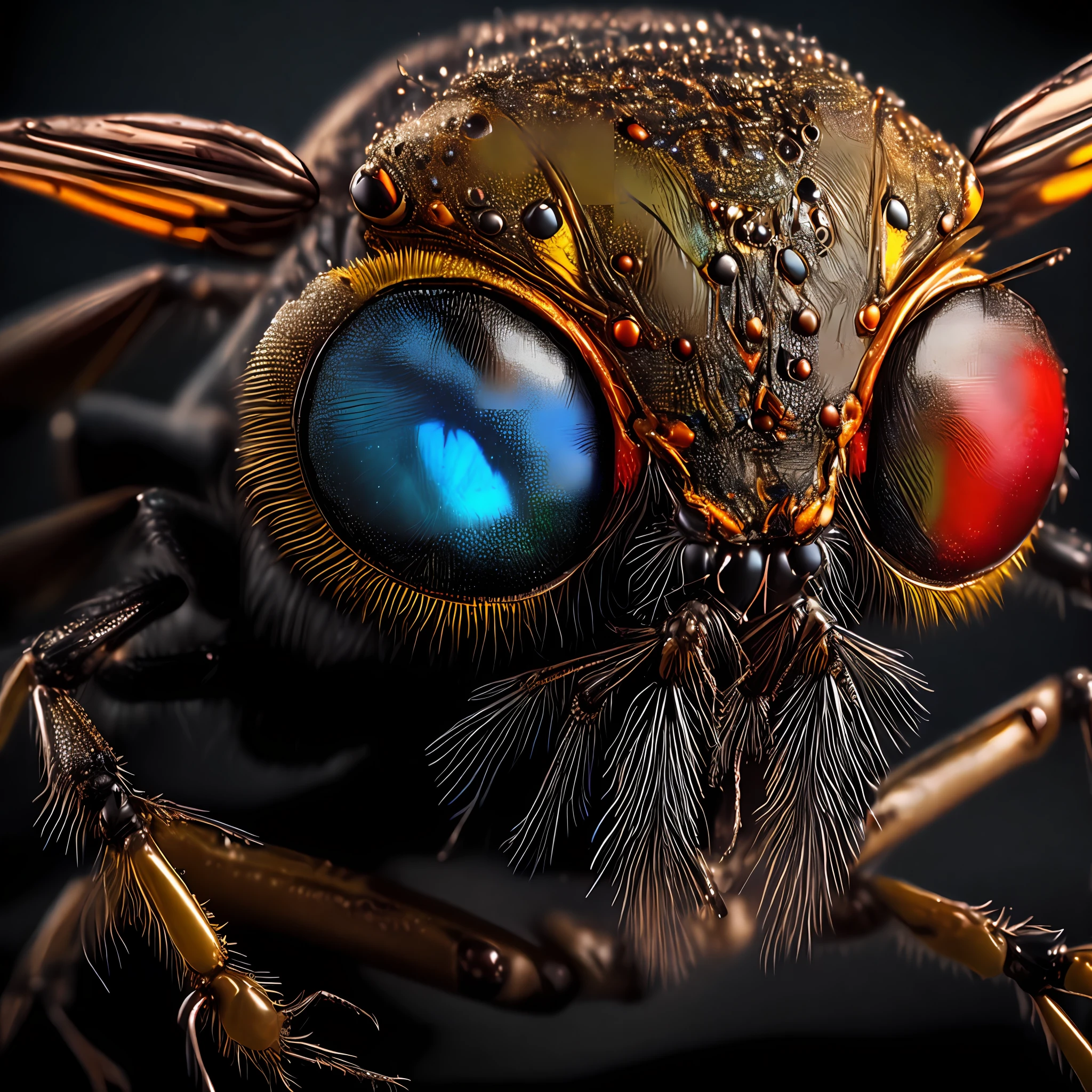Giant fly insect with large eyes formed by thousands of small individual units of multi colored ommatids, cartoon style, macro lens, shallow depth of field, highly detailed, digital painting, trend art, concept art, cinematic lighting, vibrant colors, photorealism, epic, octane render, sunglasses cap and chain.
