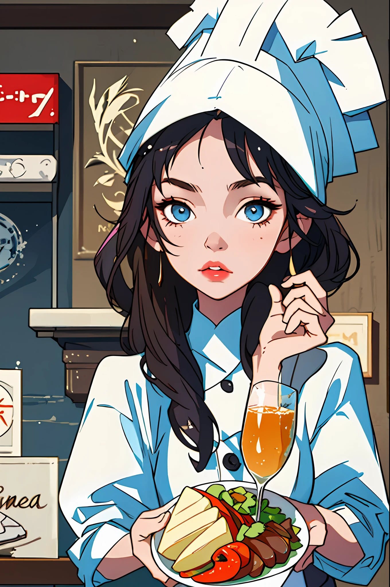(best quality, masterpiece), 1girl, chef hat, dinner, looking at viewer,