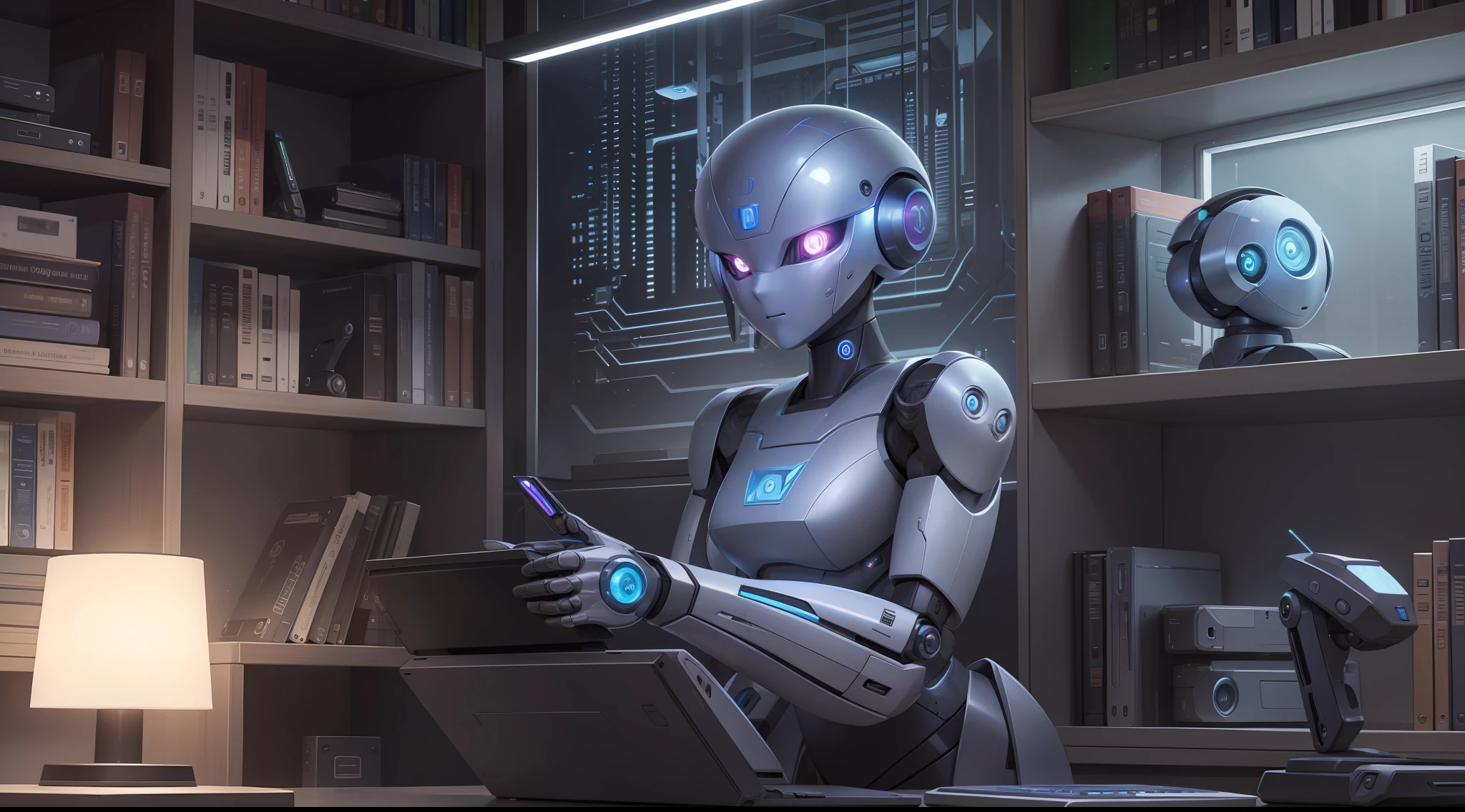 Intelligent robot, sitting at the desk, looking at the camera, there are books, computers, lamps, laptops, plants, book walls in the background, dark colors