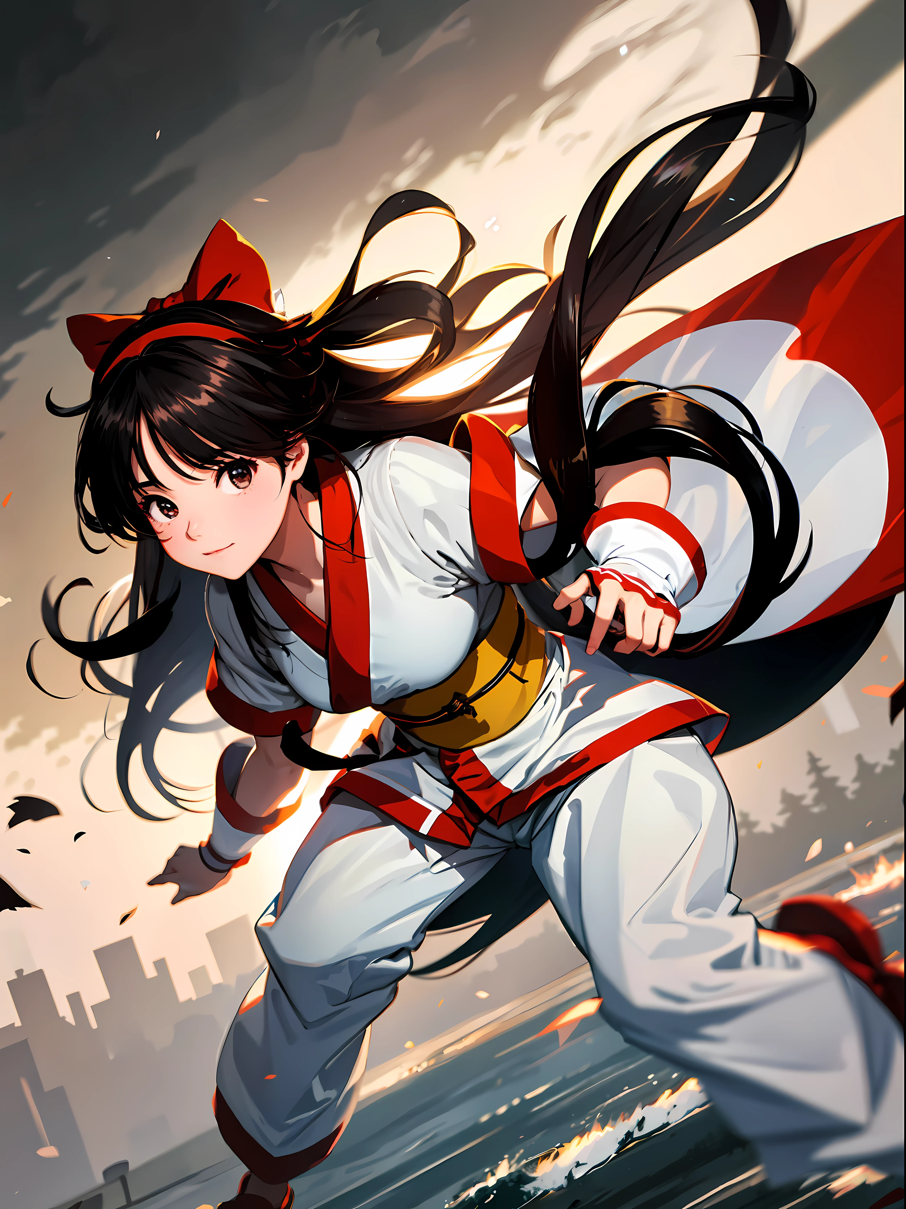 masterpiece, best quality,1girl, solo, nakorurums, red bow, bow, long hair, hair bow, ainu clothes, solo, hairband, black hair, fingerless gloves, short sleeves, gloves, sash, bangs, red hairband, breasts, brown eyes, white pants, japanese clothes, masterpiece, light smile, (illustration: 1.5), running toward viewer