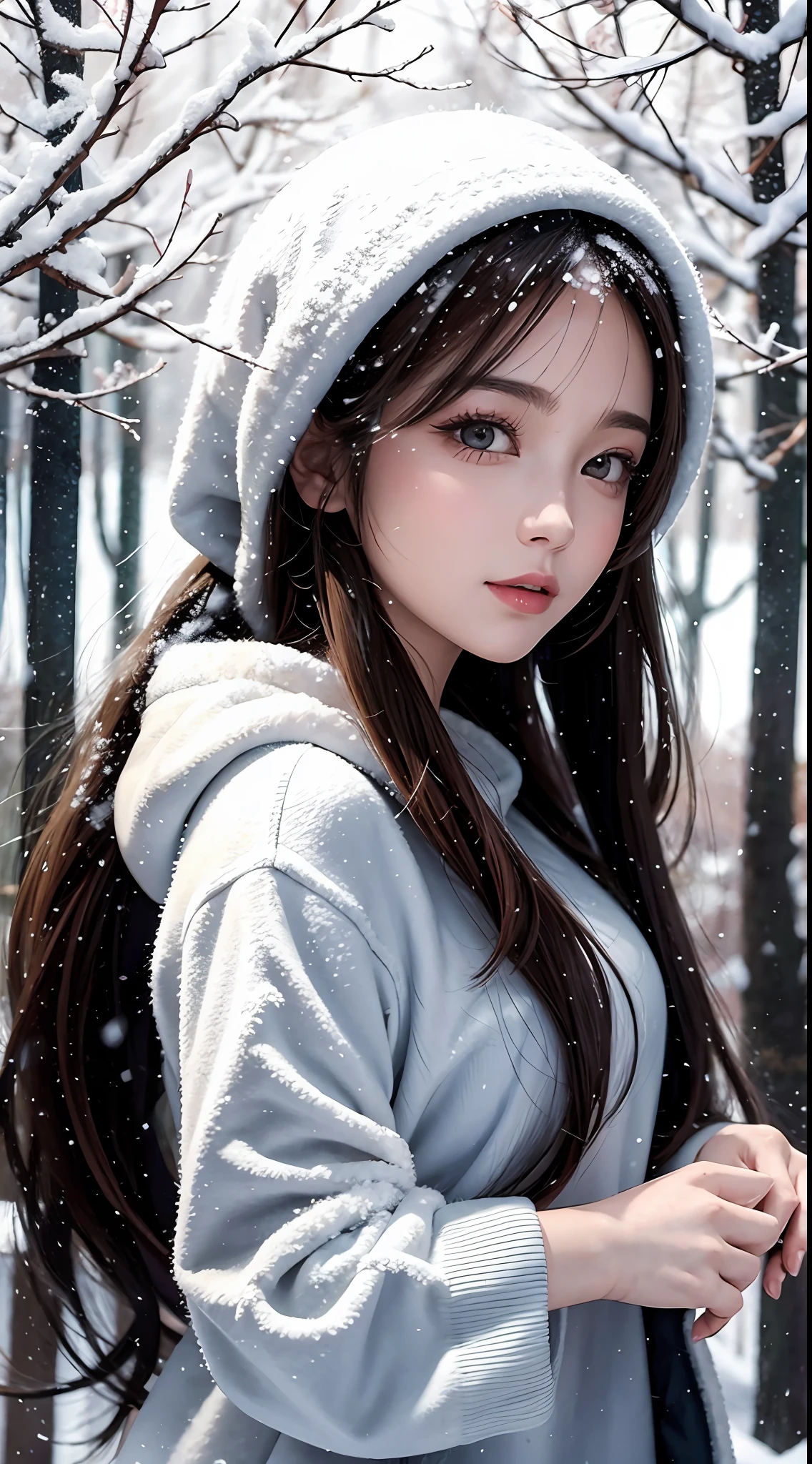 a lovely painting of a girl in the forest with light snow falling,