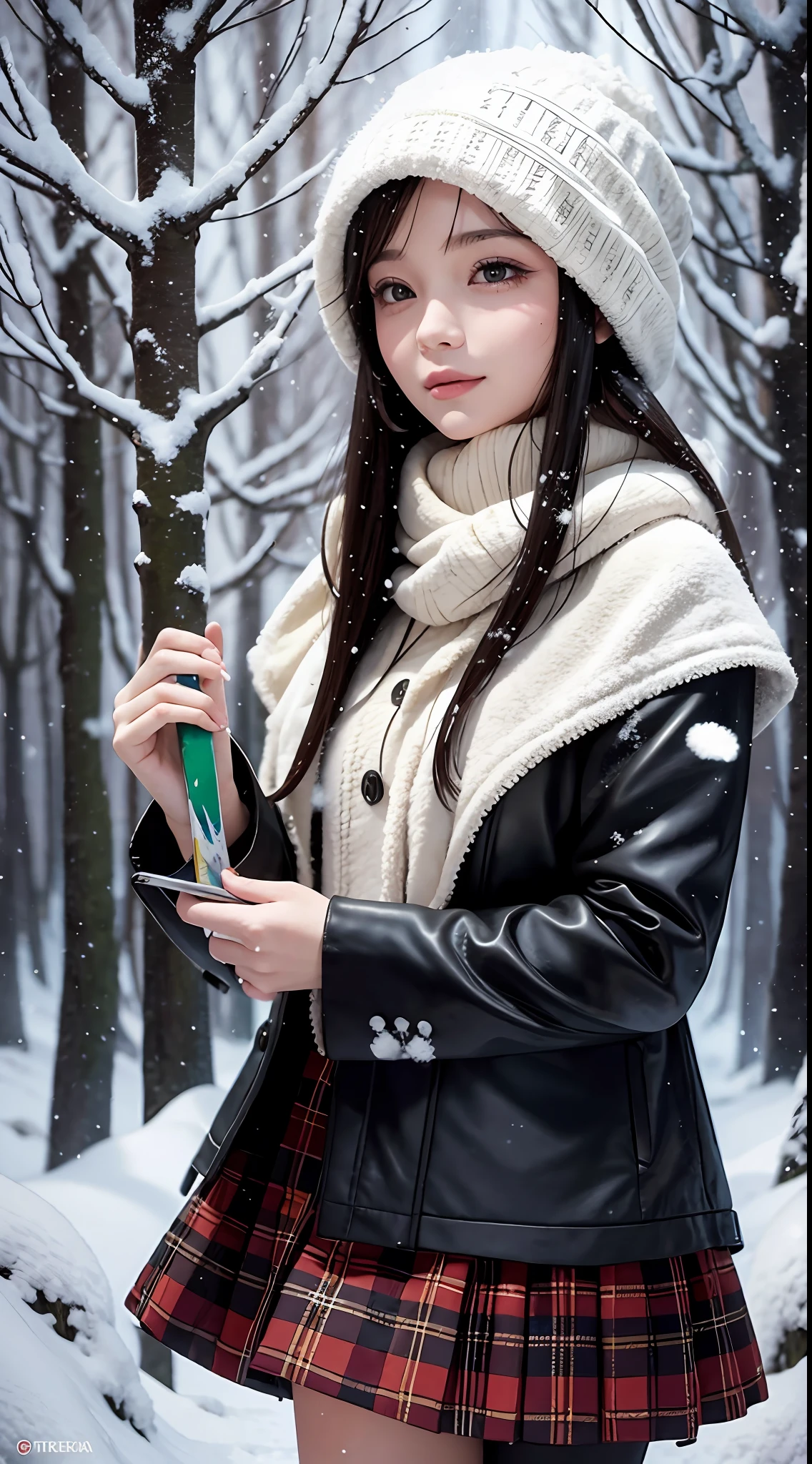 a lovely painting of a girl in the forest with light snow falling,