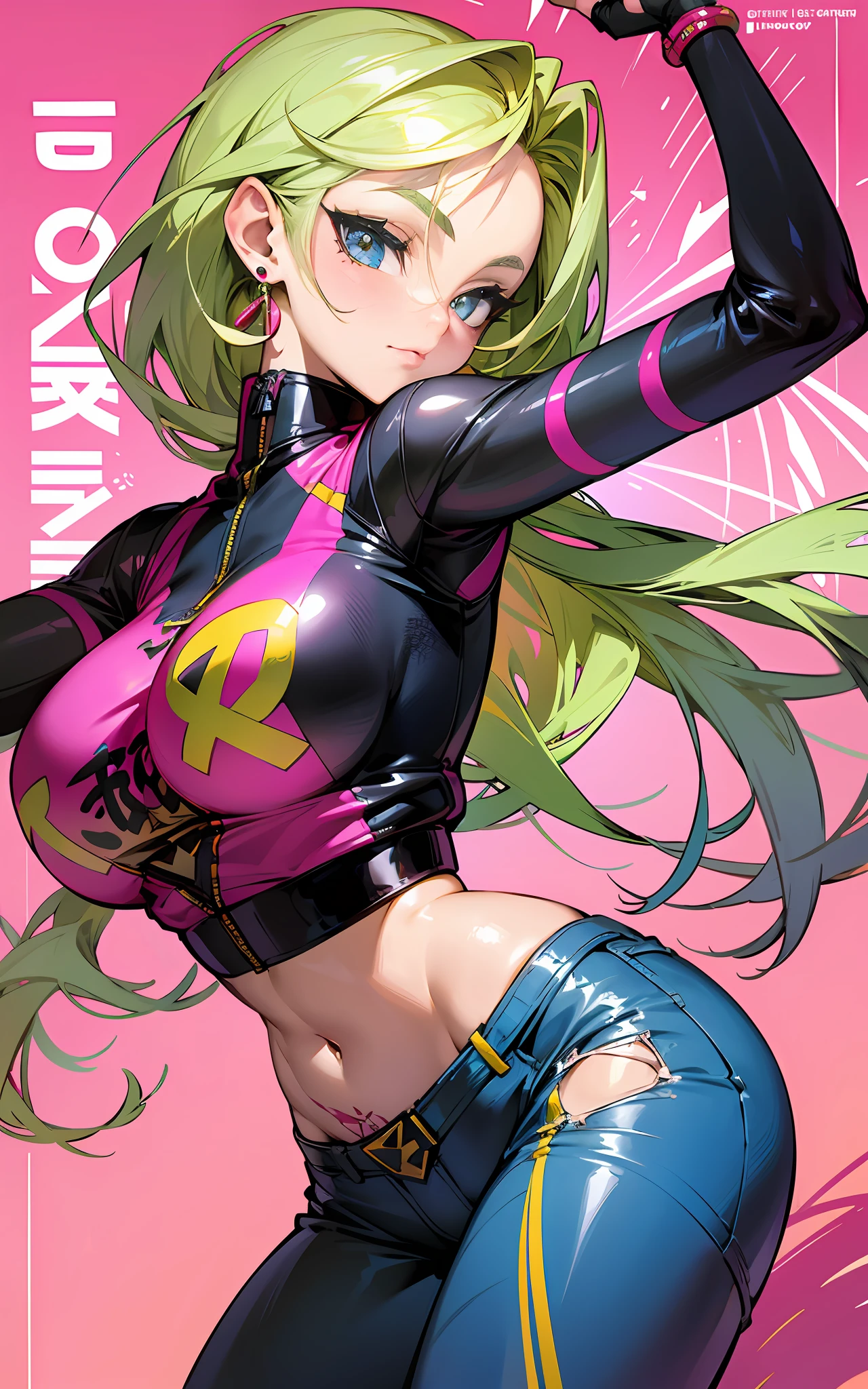 background, mixed-language_text, Japanese letters in graffit, ashley alexiss beautiful woman, long blonde hair, excellent lighting, sidelighting, perfect ultimate (flat color pink bubblegum gradient: 1.3), (magazine_cover: 1.4), (multicolored_background: 1.3), striped_background, card_background, :: discs with sharp and shiny blades in hand :: circular pieces of white metals glued to the ultra detailed arms coming out sparkling glow, black star design stamped in the middle of the T-shirt, perfect and detailed sculptural body, ultra detailed shirt with abstract design and with Japanese letter print in grafit of the sides of the clothing, worn jeans, big breast, with immersive effects, hover effect, background graffiti style tribal tattoo with flowers and vibrant colors, "ultra" hdr detailed and with focus effect, (masterpiece: 1.2, best quality), (beautiful emerald yellow eyes with huge finely detailed eyelashes: 1.2), , ((Solo)), (Finely detailed eyes and detailed face:1.3),beautiful ultra-detailed eyes, lineart light smile, graffiti and tattoo style backdrop, woman, alone. midriff, skintight bodysuit with detailed tattoo-style print, ultra-detailed red gradient leather jacket, hot thighs, black skintight pants with ultra-detailed white and pink detailing, large breasts, ultra-detailed bracelets on arms, mid-length earrings, black finger gloves outside, bracelet on right arm with ultra bright red energy
