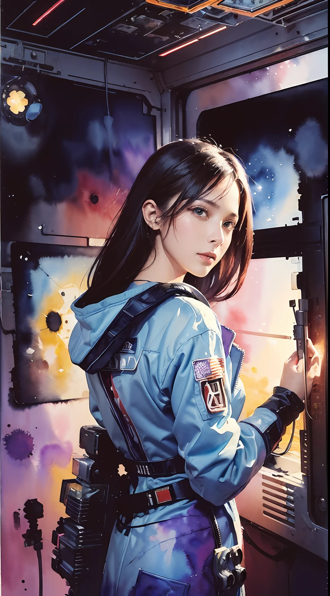 (masterpiece, top quality, best quality, extreme detailed, highest detailed, official art, beautiful and aesthetic:1.2), colorful, cowboy shot, beautiful face, solo, perfect body, 1girl, in space, spacecraft, spacesuit, sun rays, indoors, (wires and cables:1.1), (science fiction:1.2), porthole, illuminator, stars,fantasy, high contrast, ink strokes, explosions, over exposure, purple and red tone impression , abstract, ((watercolor painting by John Berkey and Jeremy Mann )) brush strokes, negative space,