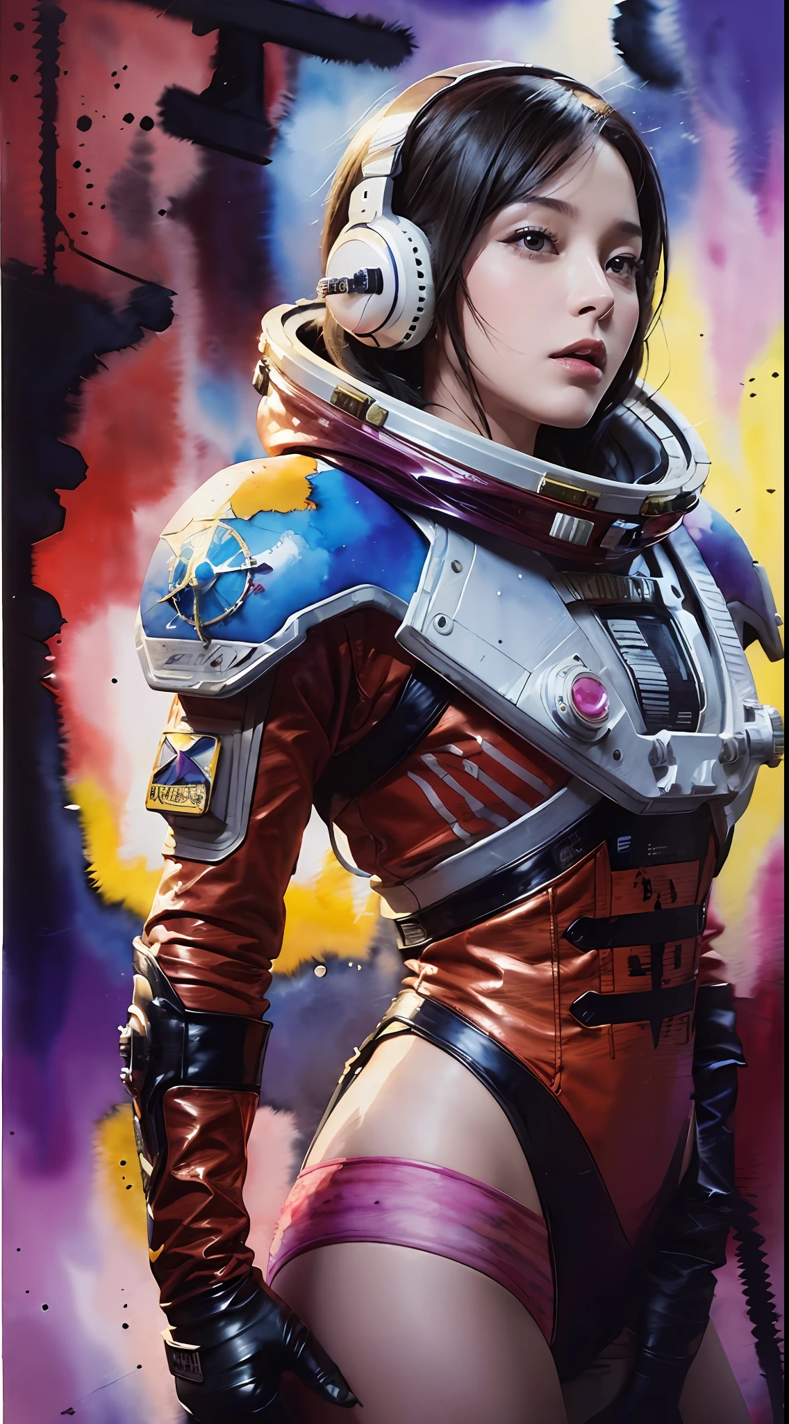 (masterpiece, top quality, best quality, extreme detailed, highest detailed, official art, beautiful and aesthetic:1.2), colorful, cowboy shot, beautiful face, solo, perfect body, 1girl, in space, spacecraft, spacesuit, sun rays, indoors, (wires and cables:1.1), (science fiction:1.2), porthole, illuminator, stars,fantasy, high contrast, ink strokes, explosions, over exposure, purple and red tone impression , abstract, ((watercolor painting by John Berkey and Jeremy Mann )) brush strokes, negative space,