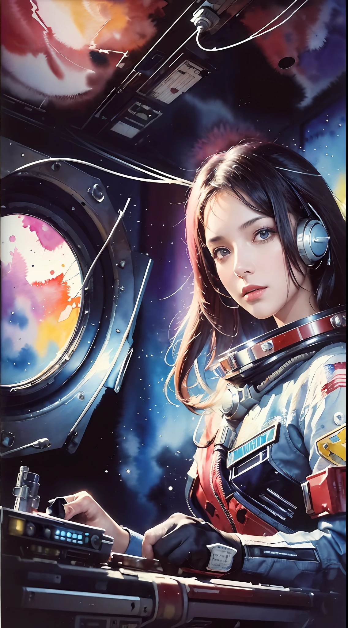(masterpiece, top quality, best quality, extreme detailed, highest detailed, official art, beautiful and aesthetic:1.2), colorful, cowboy shot, beautiful face, solo, perfect body, 1girl, in space, spacecraft, spacesuit, sun rays, indoors, (wires and cables:1.1), (science fiction:1.2), porthole, illuminator, stars,fantasy, high contrast, ink strokes, explosions, over exposure, purple and red tone impression , abstract, ((watercolor painting by John Berkey and Jeremy Mann )) brush strokes, negative space,