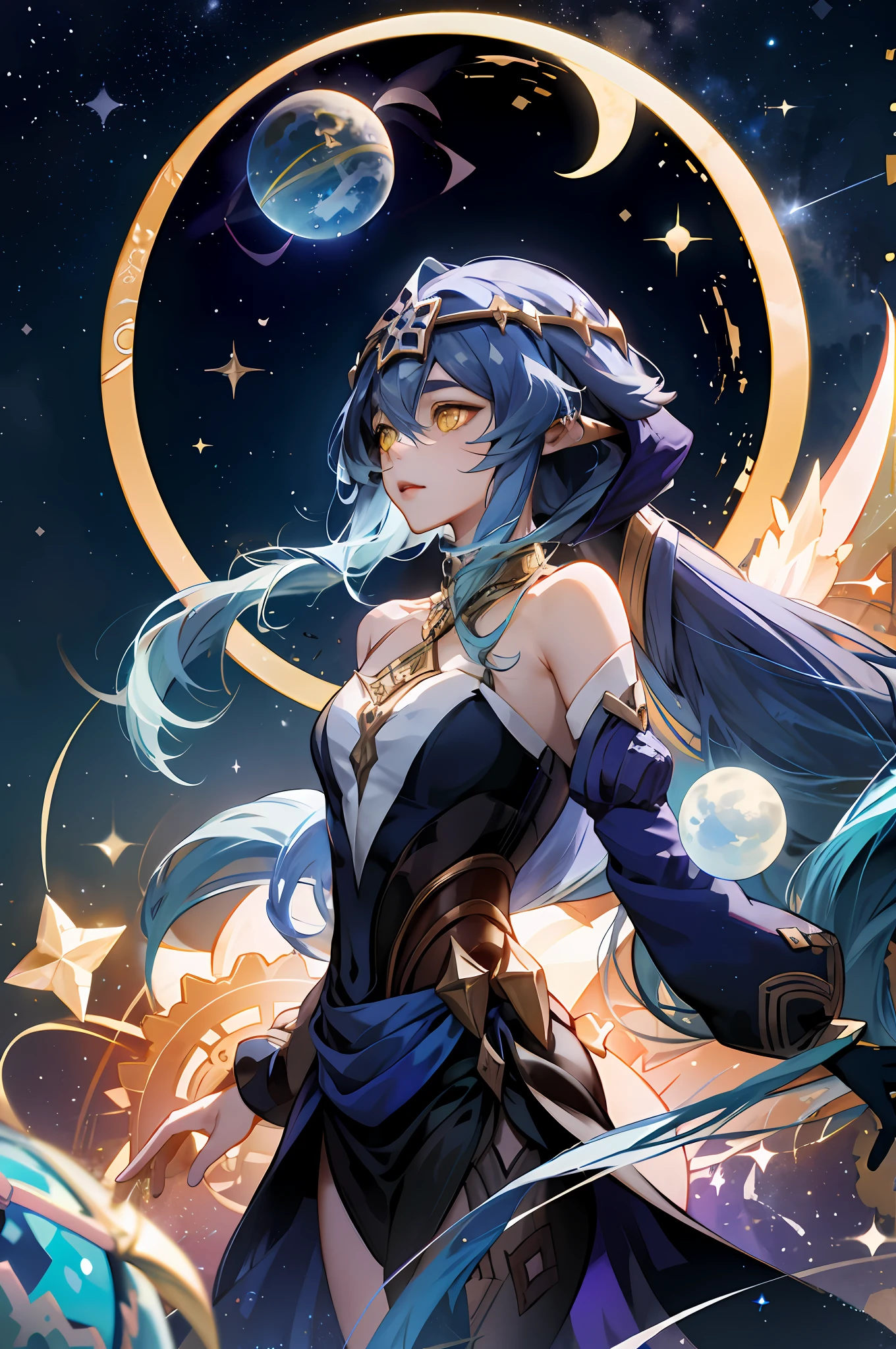 layla, yellow eyes, very long blue hair, genshin impact, stars and moon and comets, night sky observatory, crystal ball, golden details, gears, map of the star sky