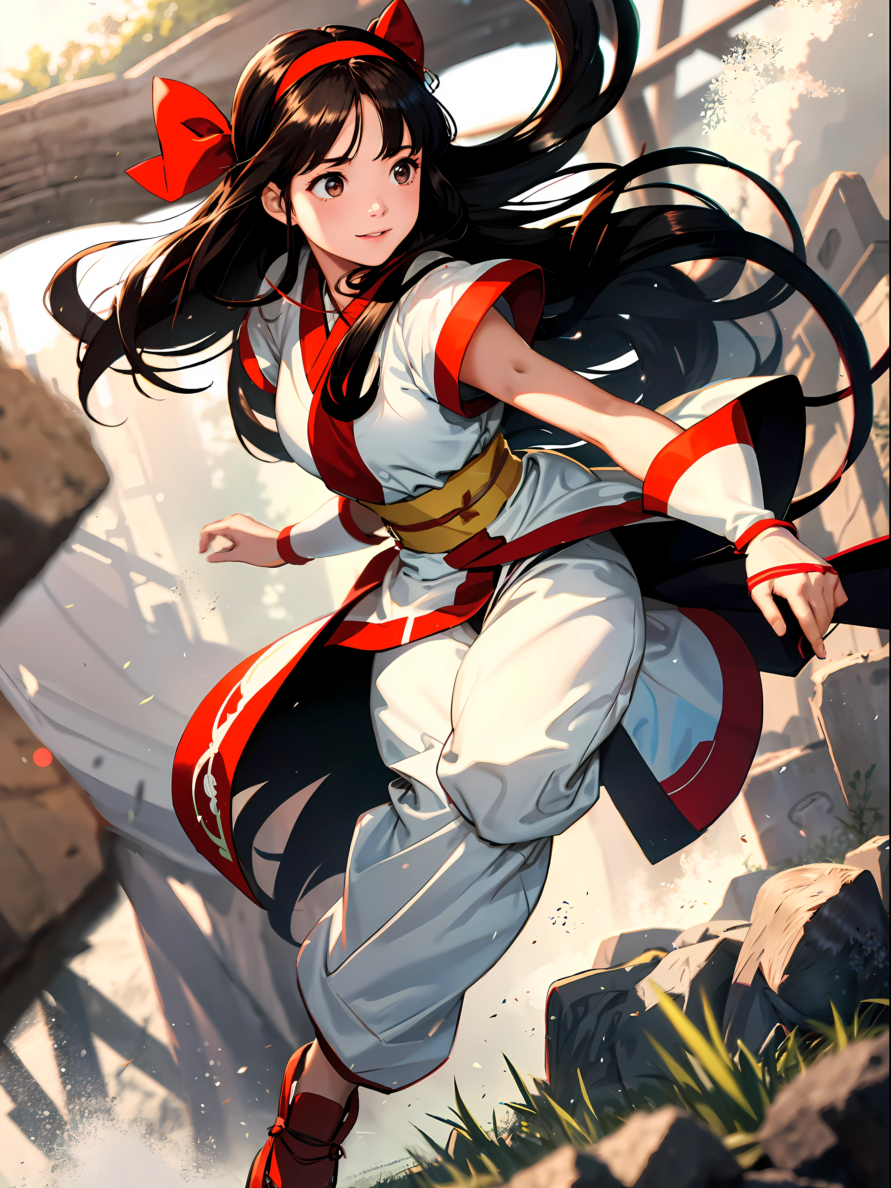 masterpiece, best quality,1girl, solo, nakorurums, red bow, bow, long hair, hair bow, ainu clothes, solo, hairband, black hair, fingerless gloves, short sleeves, gloves, sash, bangs, red hairband, , brown eyes, white pants, japanese clothes, masterpiece, light smile, (illustration: 1.5), running toward viewer