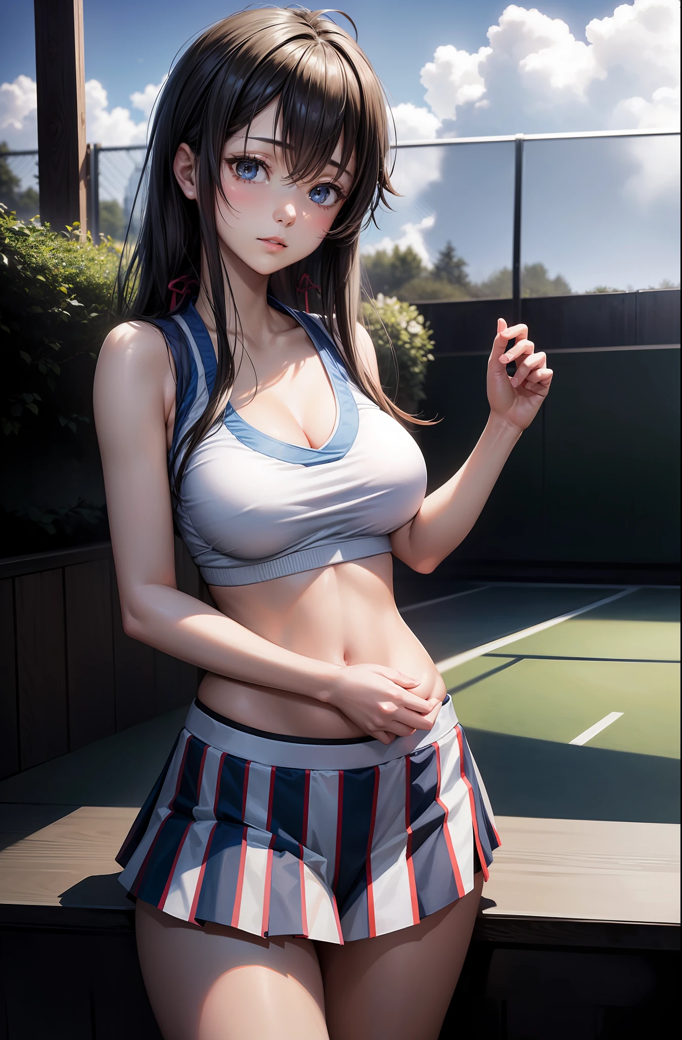 masterpiece, 1girl, solo, yukino yukinoshita, glowing eyes, white sneakers, tennis wear, white miniskirt, white panties, white knee socks, masterpiece, top quality, realistic, hyper-detailed, blue sky, tennis court, (grabbing her own breasts:1.5)