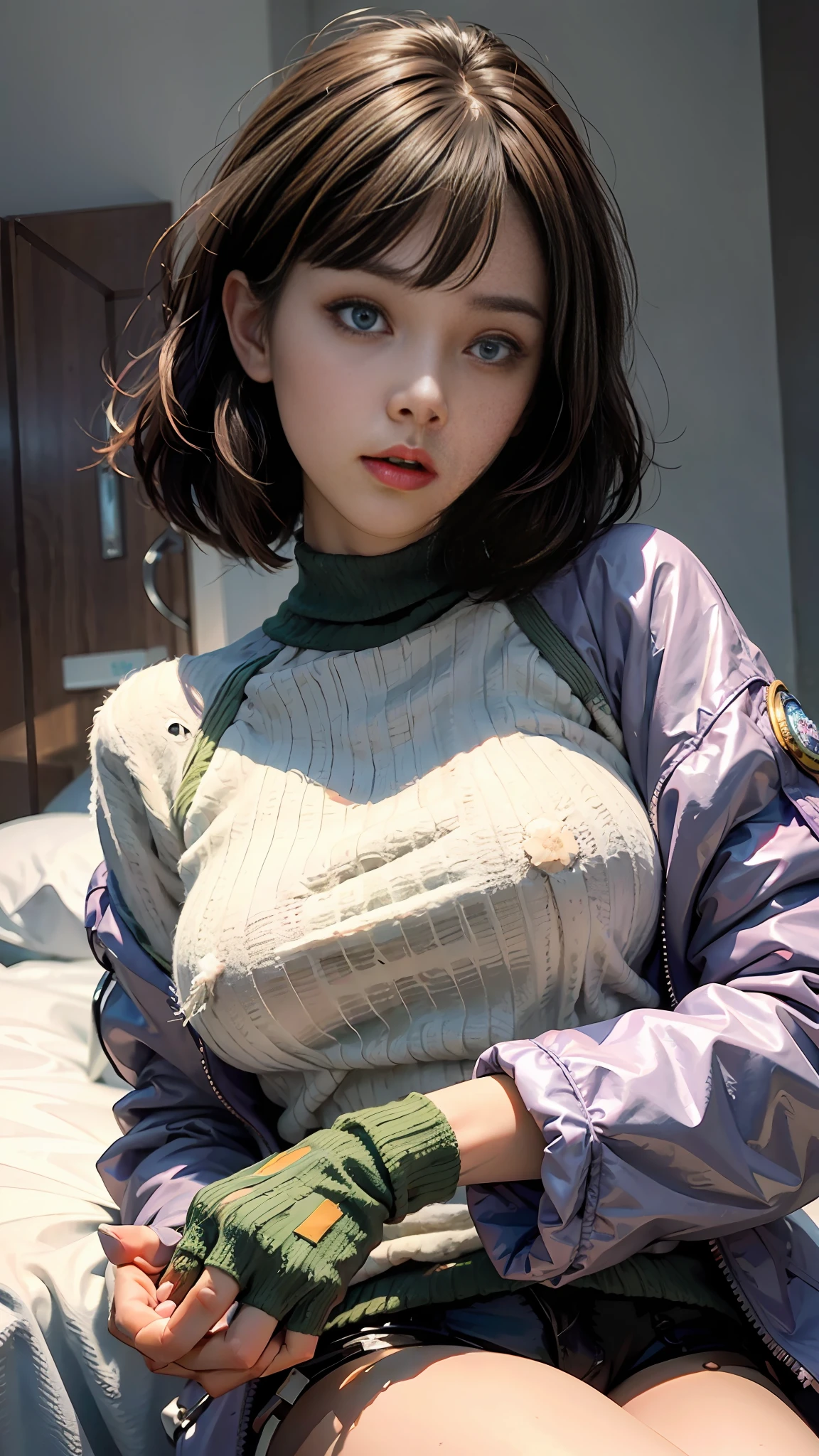 Girl, brown hair, bob haircut, with bangs, purple snow jacket with green sweater inside, hands crossed, slightly serious expression, big eyes, white gloves, blue eyes,