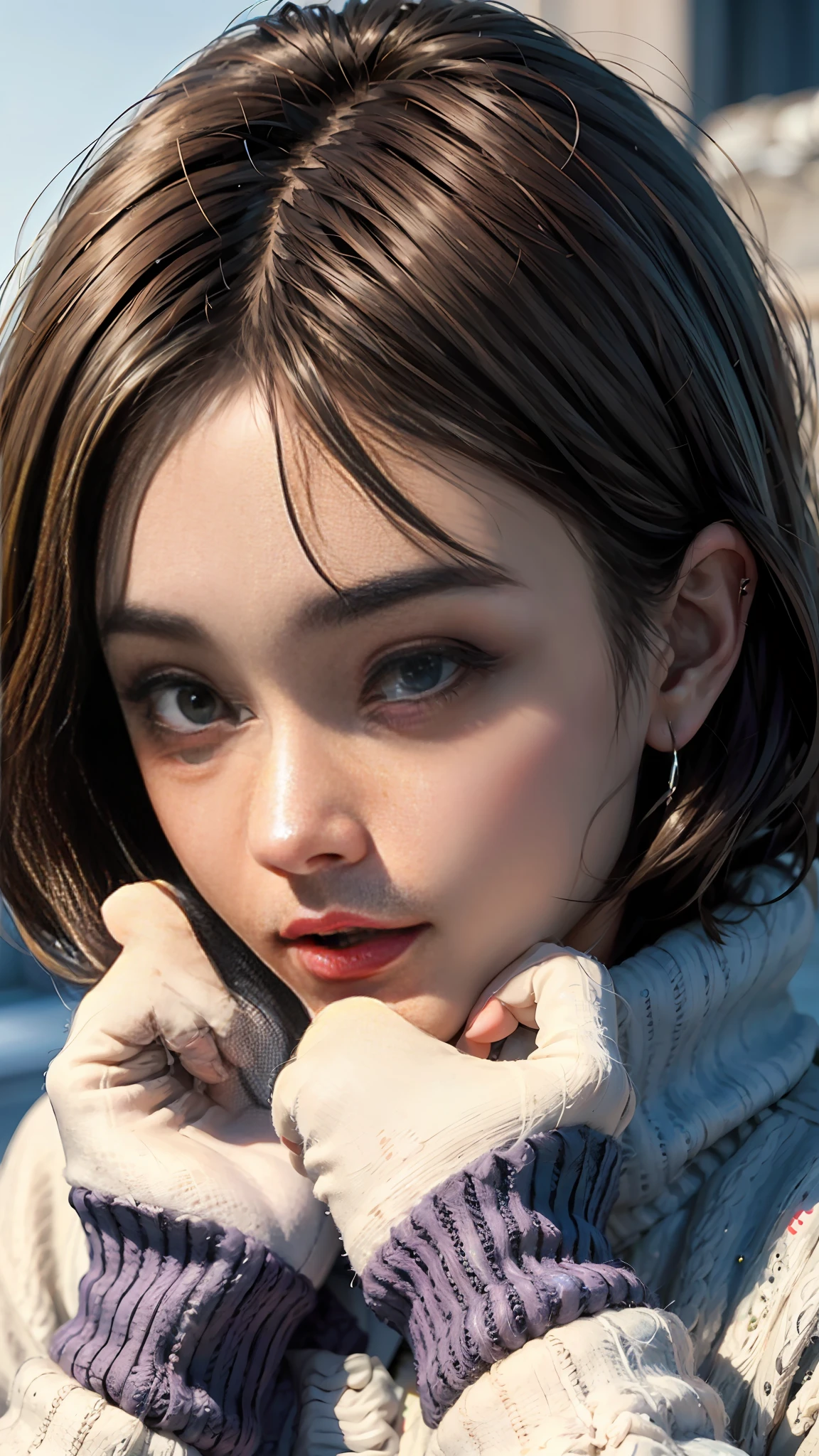 Girl, brown hair, bob haircut, with bangs, purple snow jacket with green sweater inside, hands crossed, slightly serious expression, big eyes, white gloves, blue eyes,