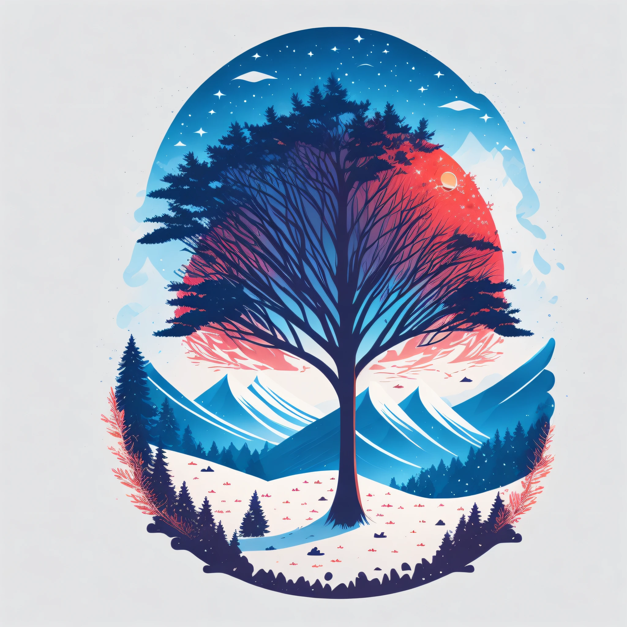 a spruice tree in a winter landscape, tshirt design, rzminjourney, vector-art