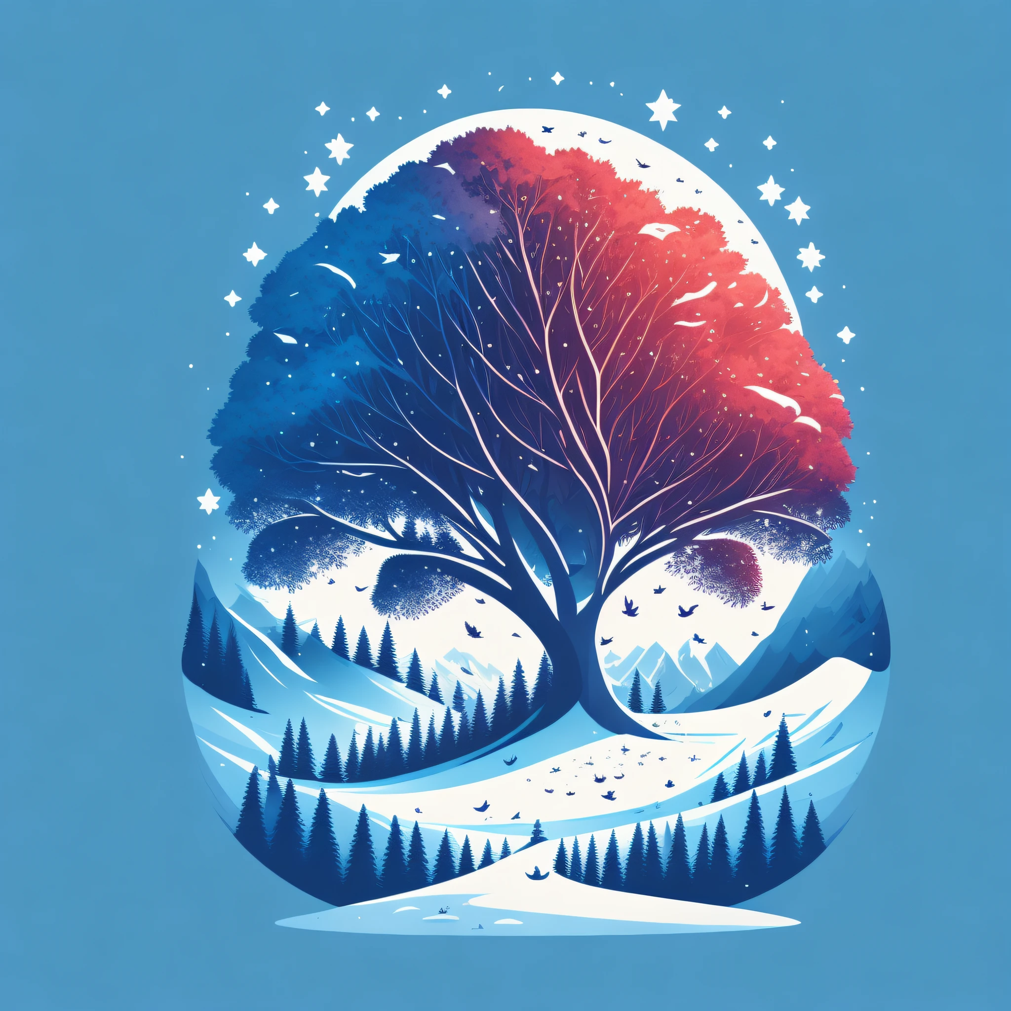 a spruice tree in a winter landscape, tshirt design, rzminjourney, vector-art