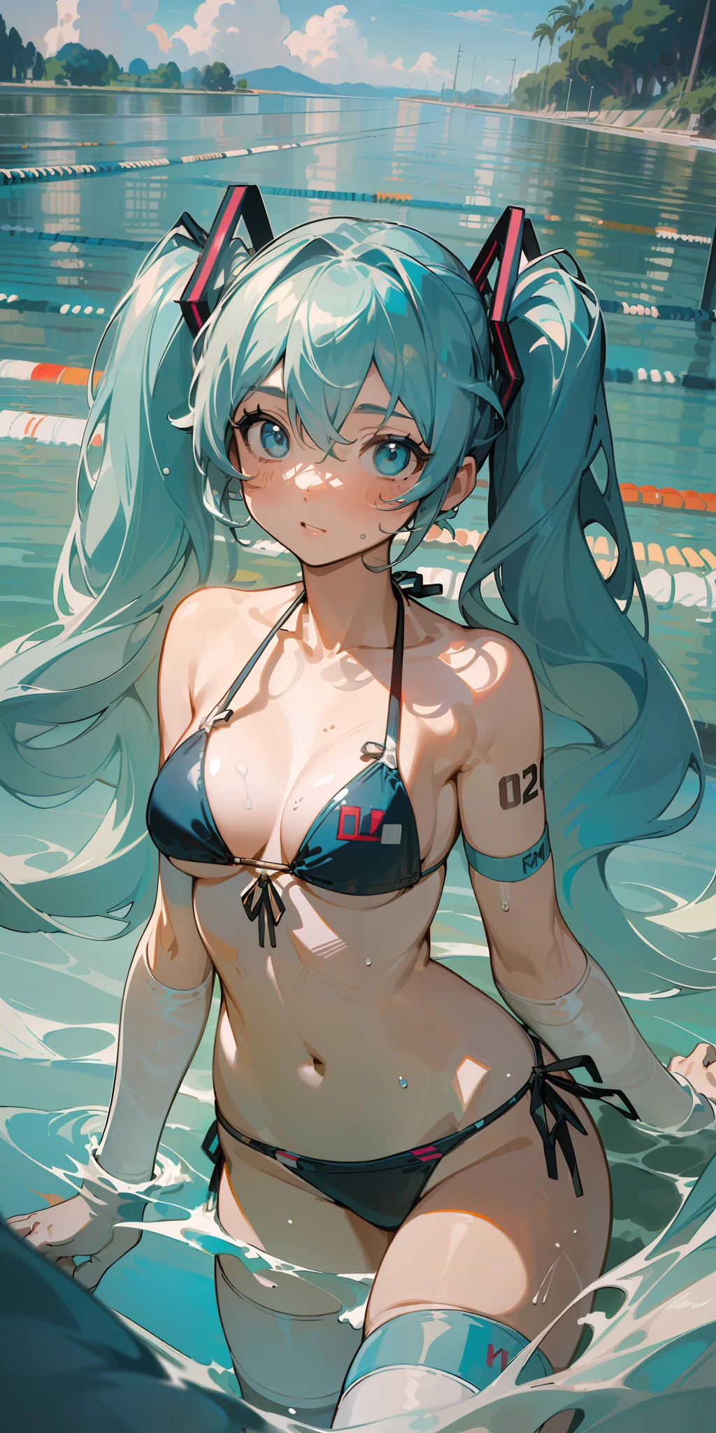 ((masterpiece)), (((best quality))), ((ultra-detailed)), ((illustration)), ((disheveled hair)), (1 girl), (solo), dynamic angle, thighhighs, beautiful detailed sky, on beautiful detailed water, (((swim pool))),beautiful detailed eyes, hairs between eyes (((medium breast))), (((arms behind))),(((string bikini))), {{{miku}}} ,twintails, (((miku))), indigo hair