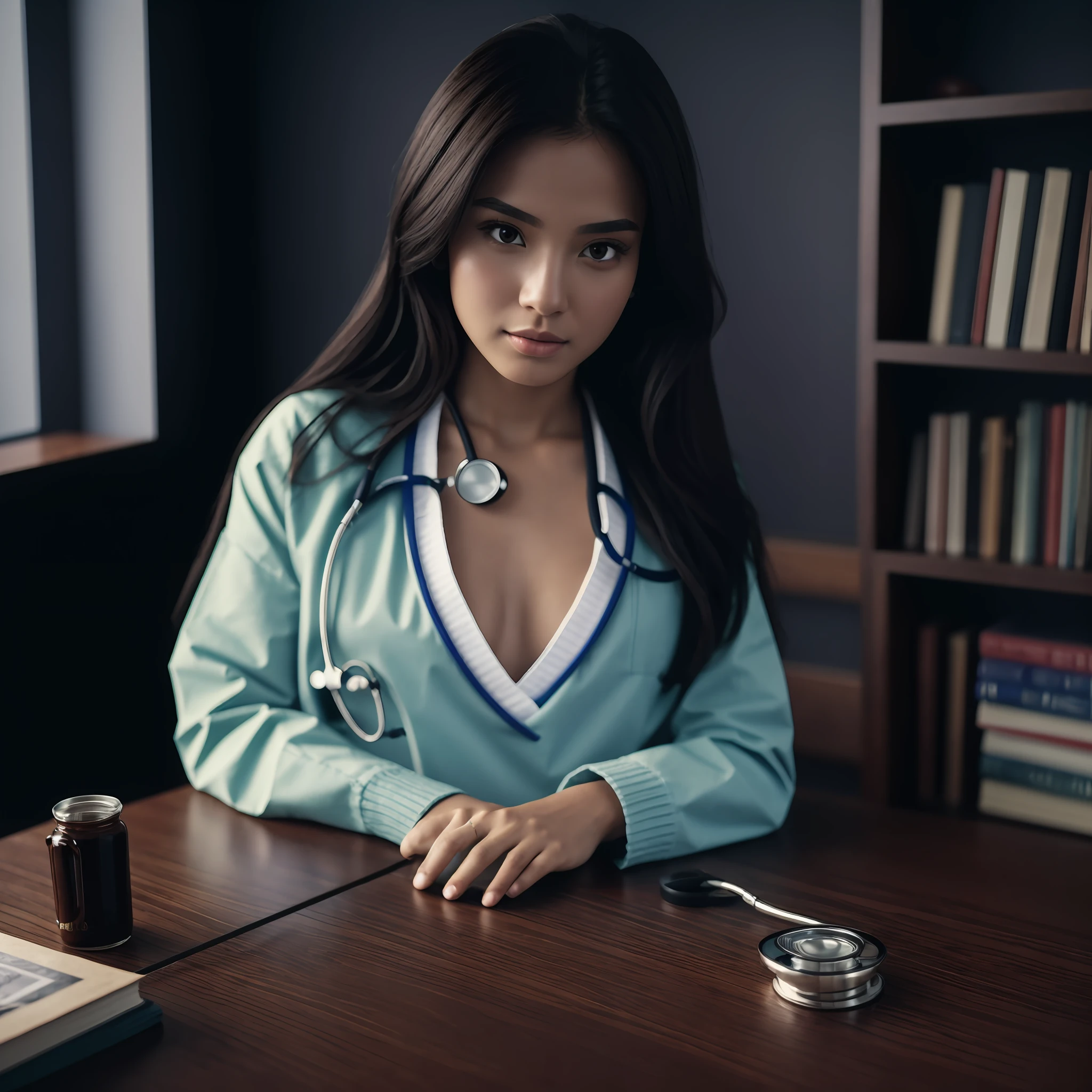 (Best quality, 8k, 32k, masterpiece, UHD: 1.2), photo of the beautiful brunette woman, somewhat indigenous, medica, medium breasts, long black hair, upper body, focus from the front, oversized_sweater, brown eyes, simple background, from above, looking at the viewer, with medicine books around and with stethoscope around his neck, around him a wooden table with several medicine books on it. --auto --s2