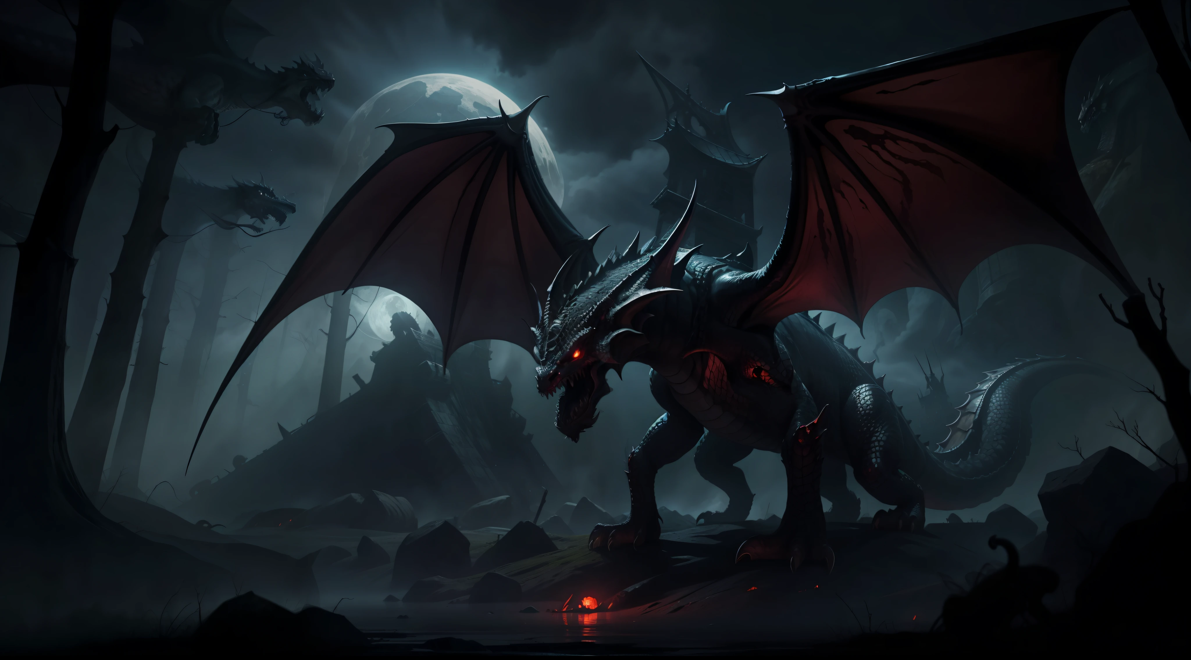 a monstrous medieval dragon, tentacles, horror, night, dark environment, darkness, fog, blood