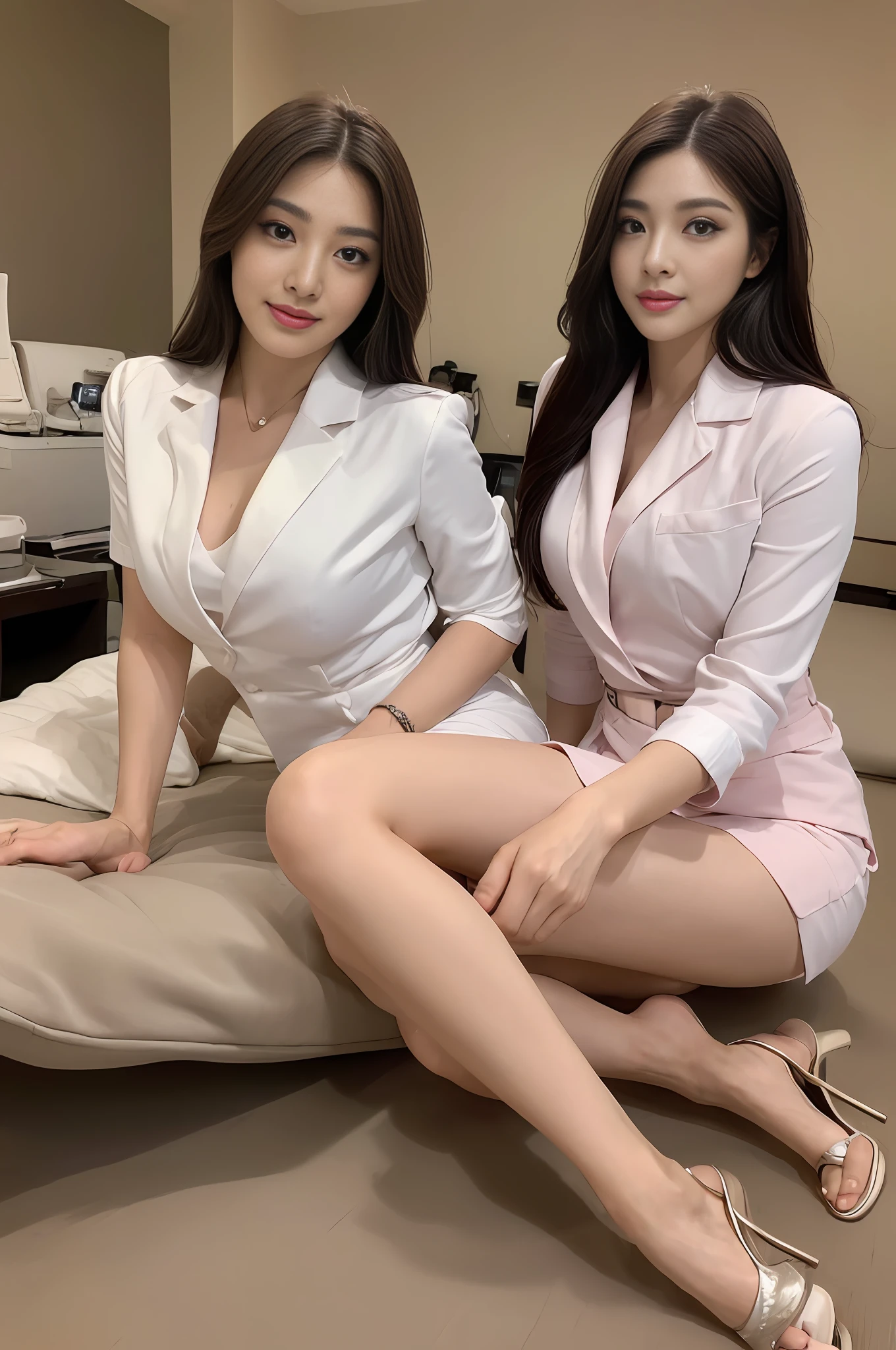 ((Realistic lighting, Best quality, 8K, Masterpiece:1.3)), Focus:1.2, Nurse Beauty, Beauty in Perfect Shape:1.4, Slender Abs:1.1, (Dark Brown Hair, Short Layered Hair, Flowing: 1.2)), (White Nurse Suit: 1.4), (Luxurious Premium Room, Floor-to-Ceiling Window as Background, [2 Male Patients in Bed: 1.0], Bedside, Night: 1.1), ultra-fine face, fine eyes, double eyelids, long eyelashes, swollen eyes, healing smile, (delicate stiletto heels crystal band sandals, high quality: 1.2, fair pink toes: 1.5), waist focus, buttocks focused: 0.6, [full body: 1.2]