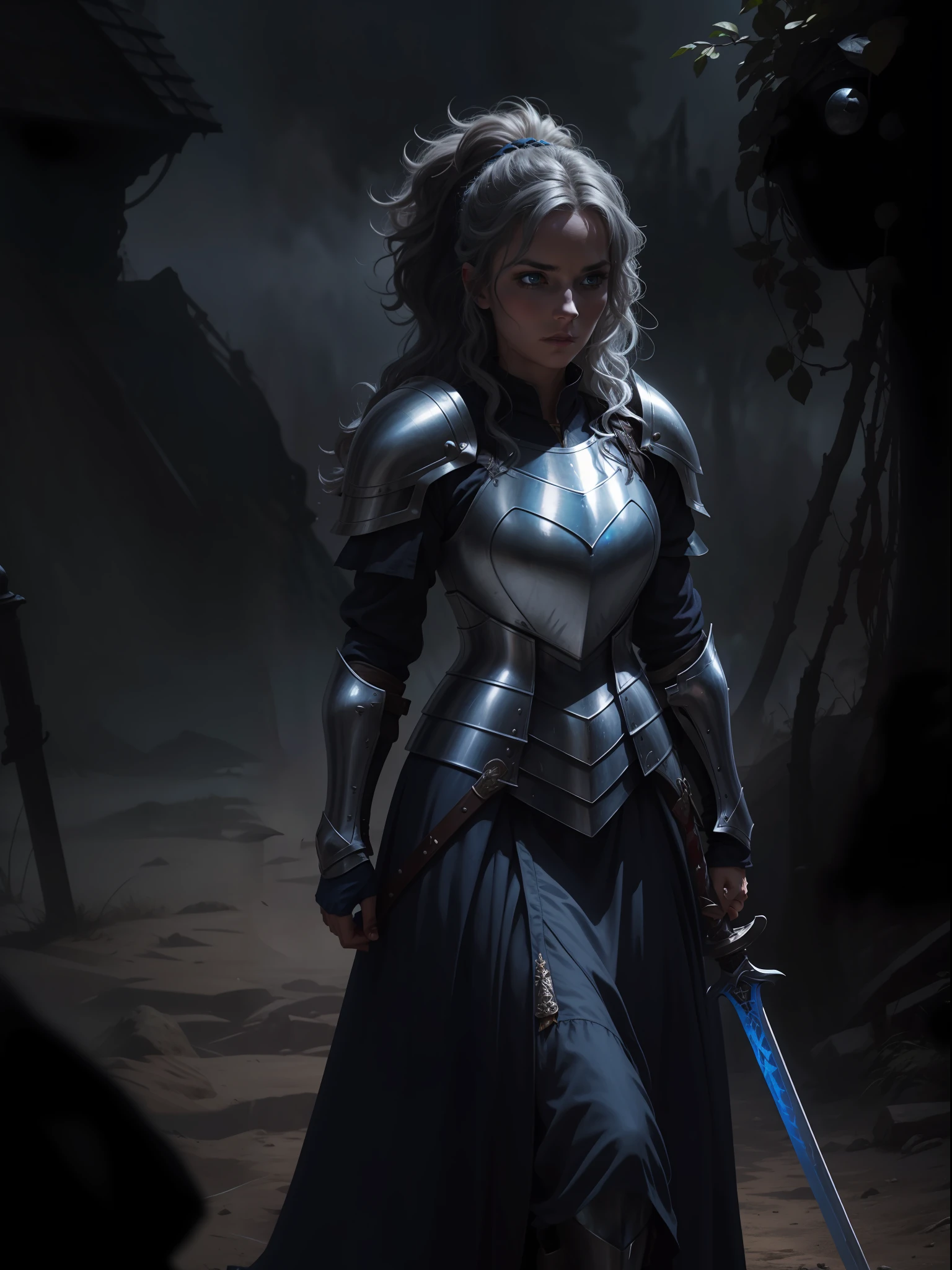 a woman with wild hair, knight with medieval armor, blue armor, long sword, night, dark environment, darkness, fog, blood