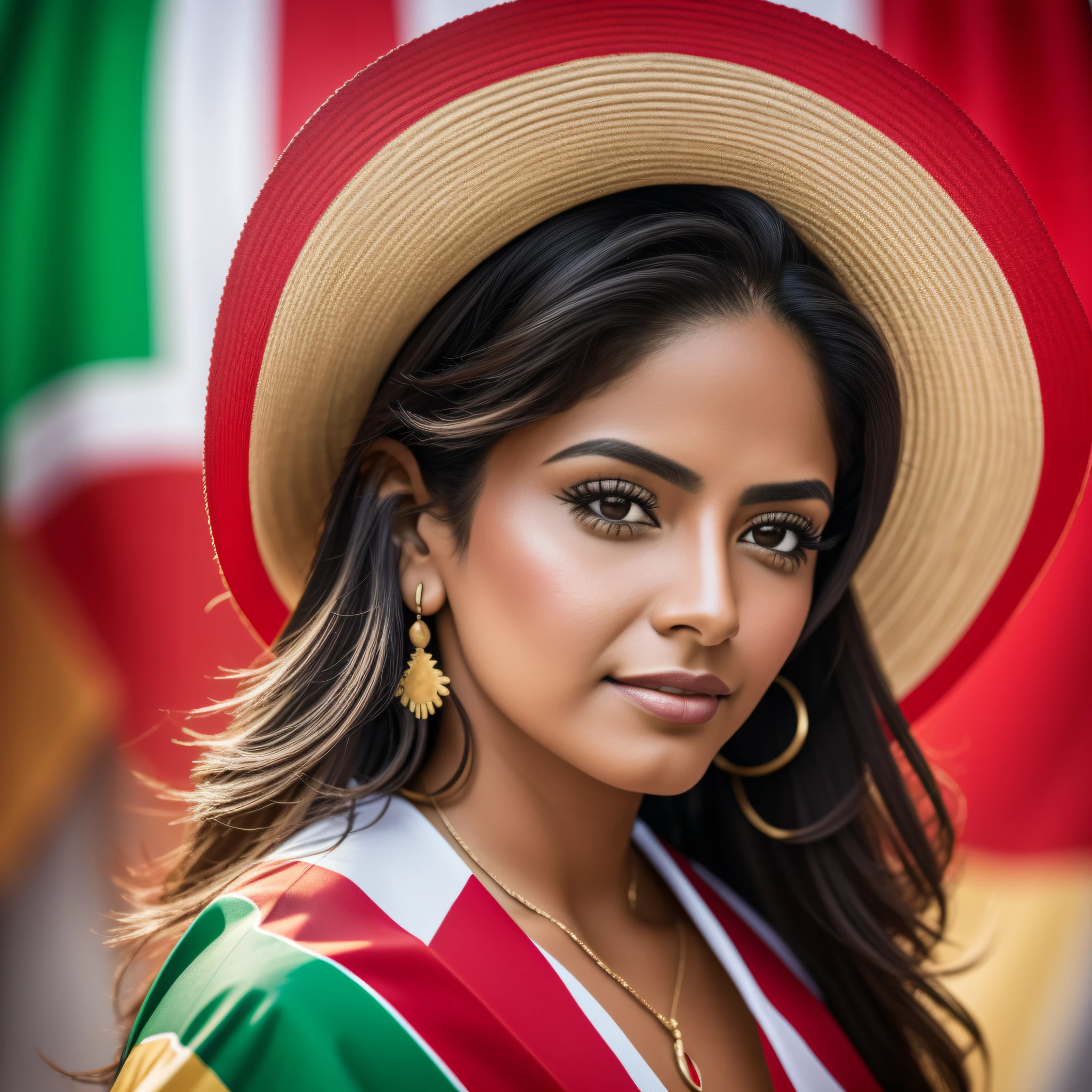 Portrait of Mexican woman, flag of her country slightly blurred in background, cinematic lighting, depth of field, bokeh, realism, photorealistic, hyperrealism, professional photography, UHD, DSLR, HDR --auto --s2
