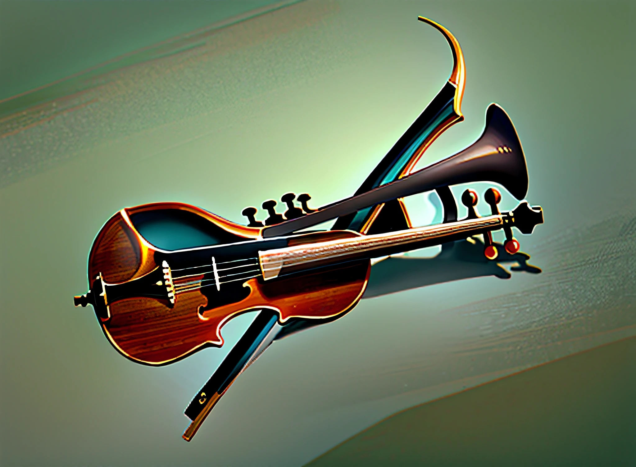 Realistic art, 3d, oil art, fusion of a violin and a trumpet into a single instrument on green background for chroma key, musical instrument, varnished fantasy violin, golden fantasy trumpet, new musical instrument. Add shadows and reflections to the metal parts of the instrument. The violin bow in the background is wooden, on the opposite side of the mane there is a steel blade.
