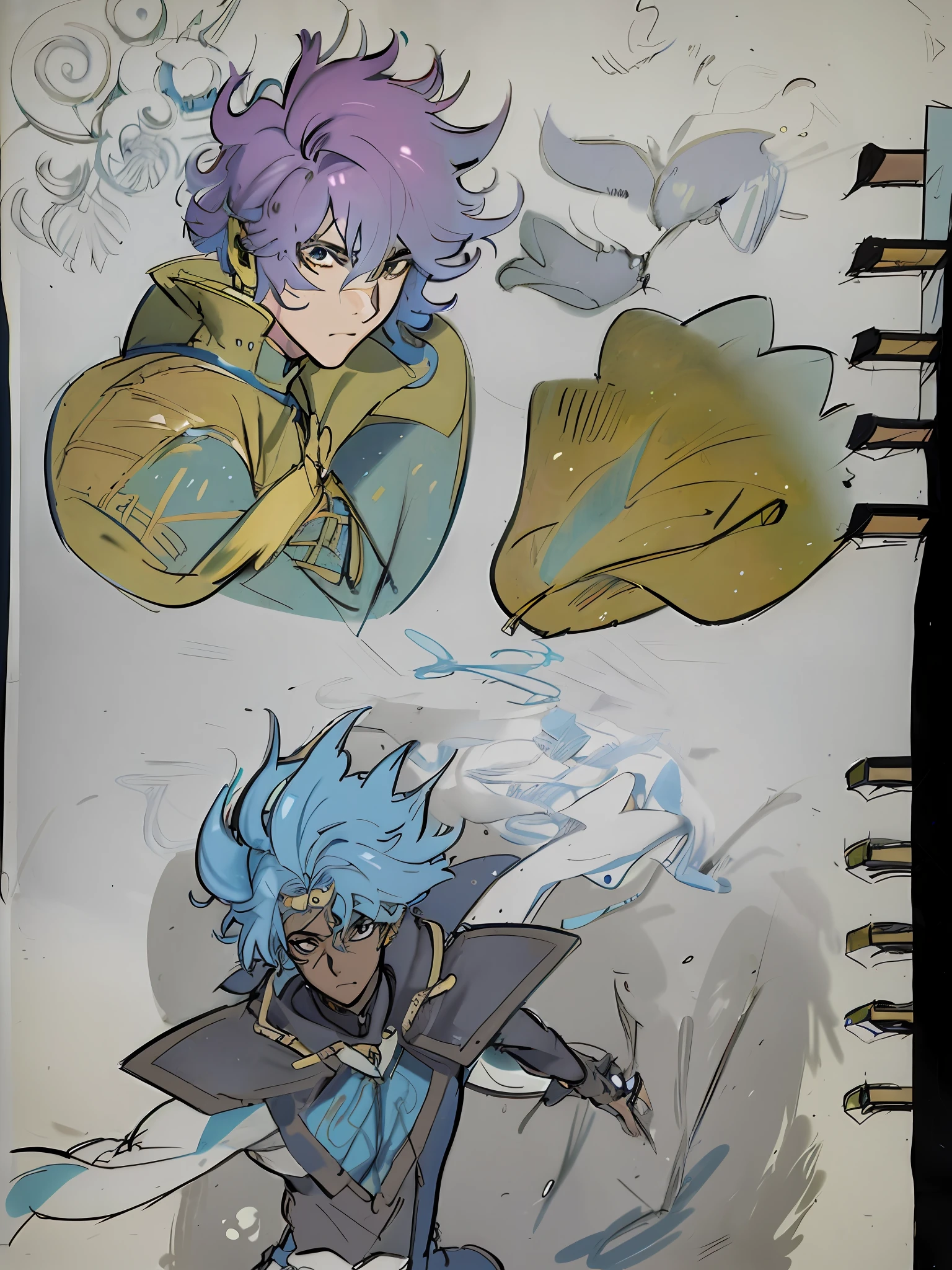 sketches of a drawing of a person with a blue hair, cel shaded anime, in the art style of 8 0 s anime, cel - shaded art style, cel shaded!!!, 8 0 s anime art style, inspired by Zoltan Boros, colored sketch, high quality colored sketch, anime cels, colored drawing, black ink & copic markers, anime illustrated
