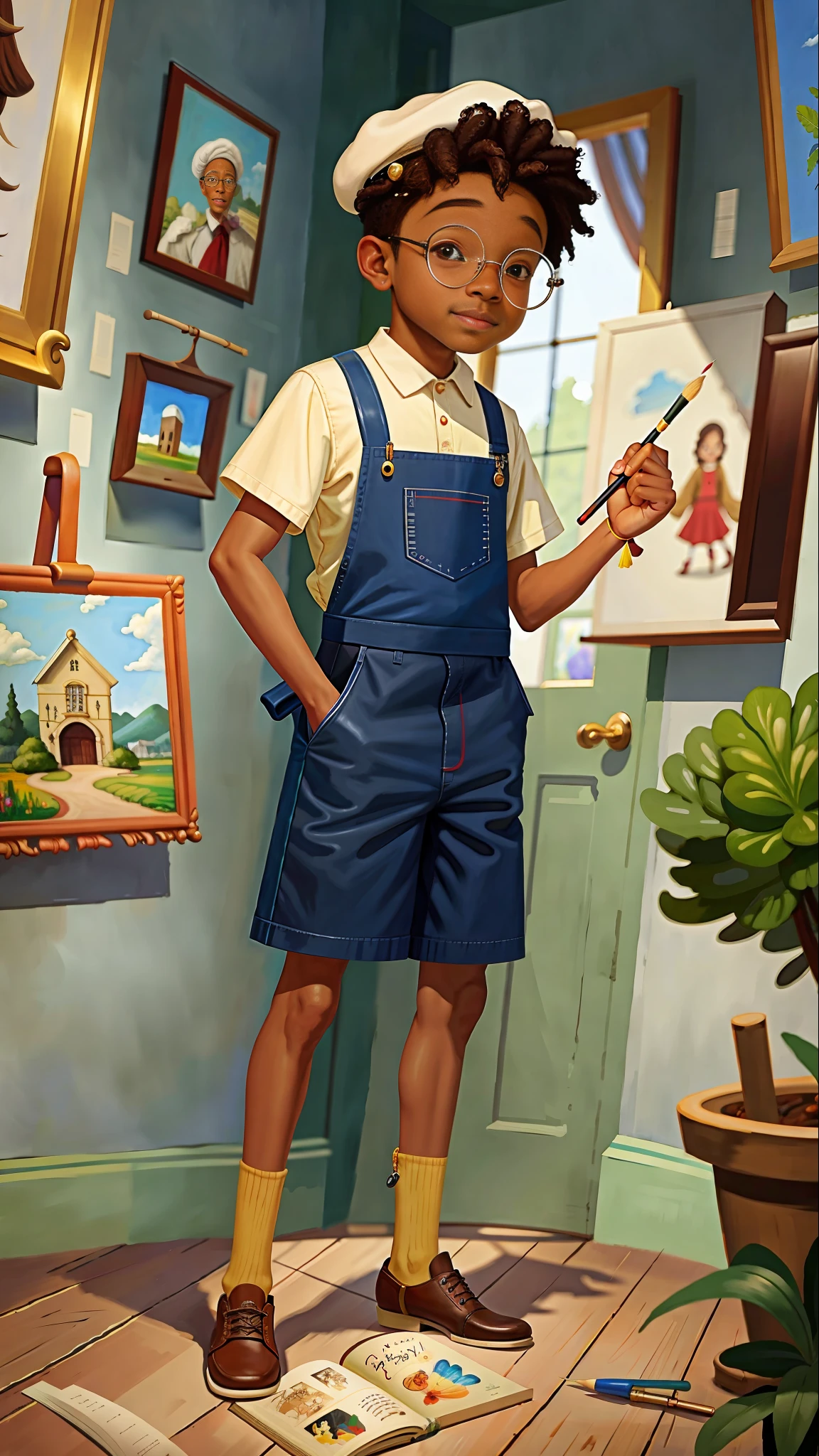 A black boy, round glasses, apron, painter, cap, painting, happy, perfect quality, clear focus (art gallery: 1.5), (masterpiece: 1.2) (realistic: 1.2)(best quality) (detailed leather: 1.3) (intricate details) (8K) (detail eyes) (sharp focus). He's in an art gallery, very excited, admiring the paintings. In the scenery a museum with several paintings on the walls, colorful, illuminated. Open place, long hallway, lots of paintings, art gallery, art exhibition. Classical architecture